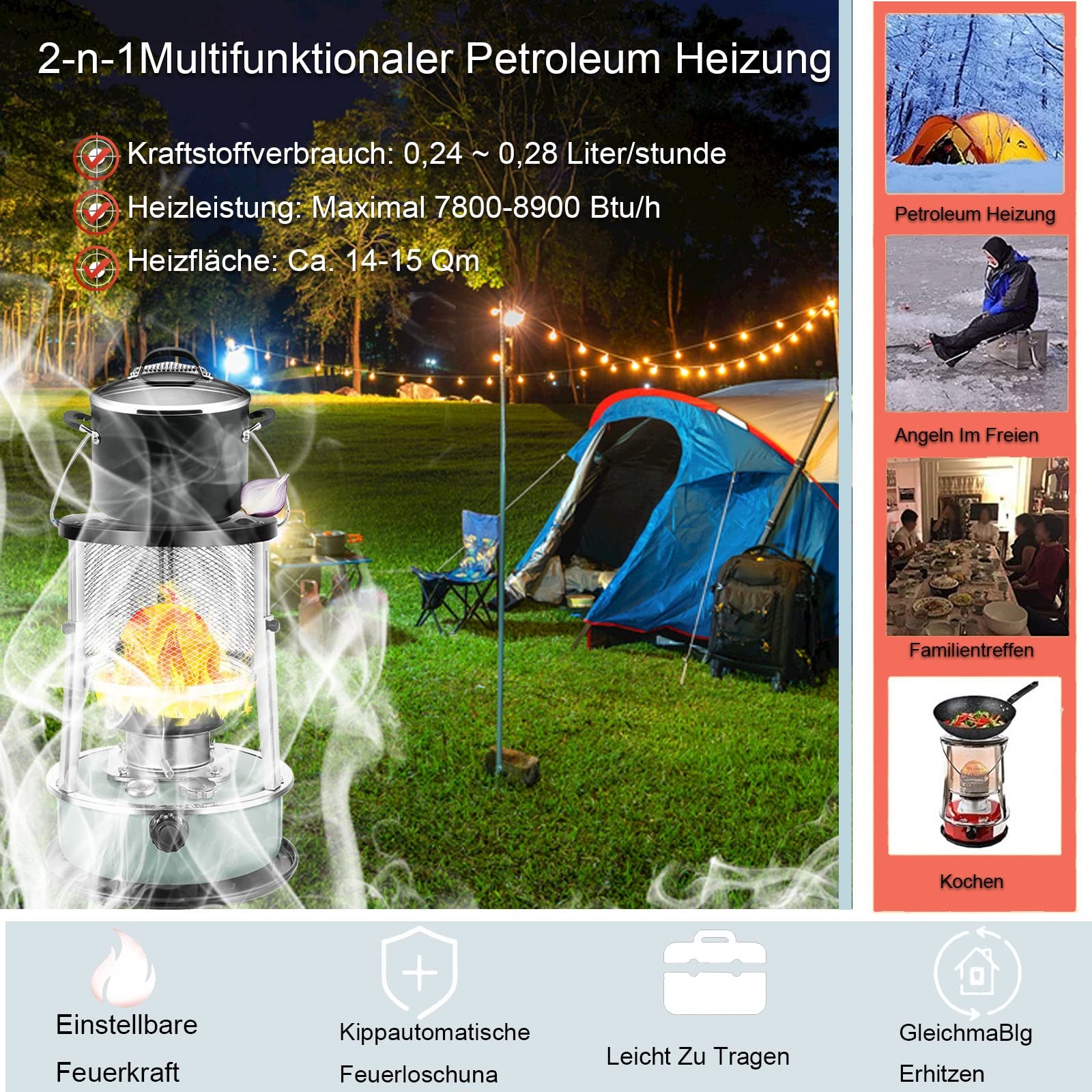 Petroleumheizung Mit Löschautomatik Kopp, Petroleumofen, Petroleumofen Für Innenräume, Mobile Heizung Ohne Strom, Petroleum Ofen Heizung,mit 6 Dochten (Color : 002-Black)