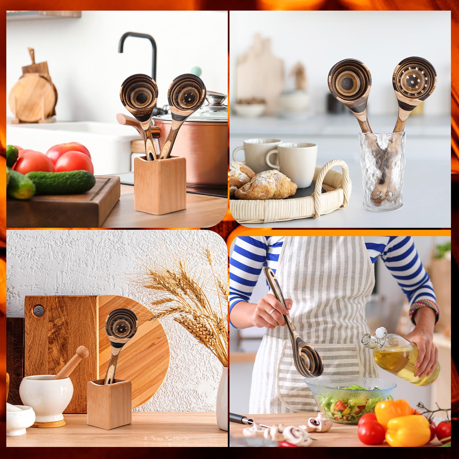Teenyyou 2 cucharones de madera de Pakkawood para sopa de 10.24 pulgadas, cuchara ranurada de madera de Pakkawood con mango largo, utensilios de cocina antiadherentes para servir utensilios de cocina