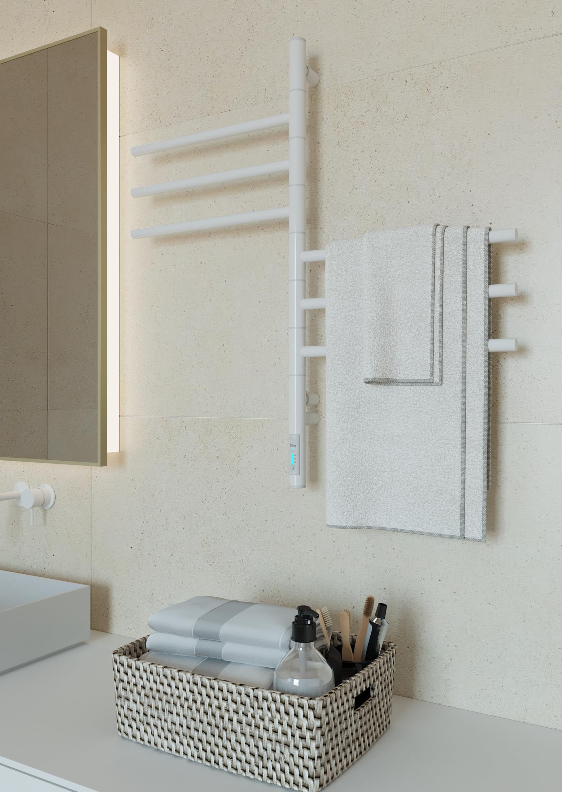 Grzejnik łazienkowy biały 78W 79x40 cm – Elektryczny podgrzewacz do ręczników z 6 ramionami – Timer i Termostat – IP44 – Stylowy design – Stal węglowa