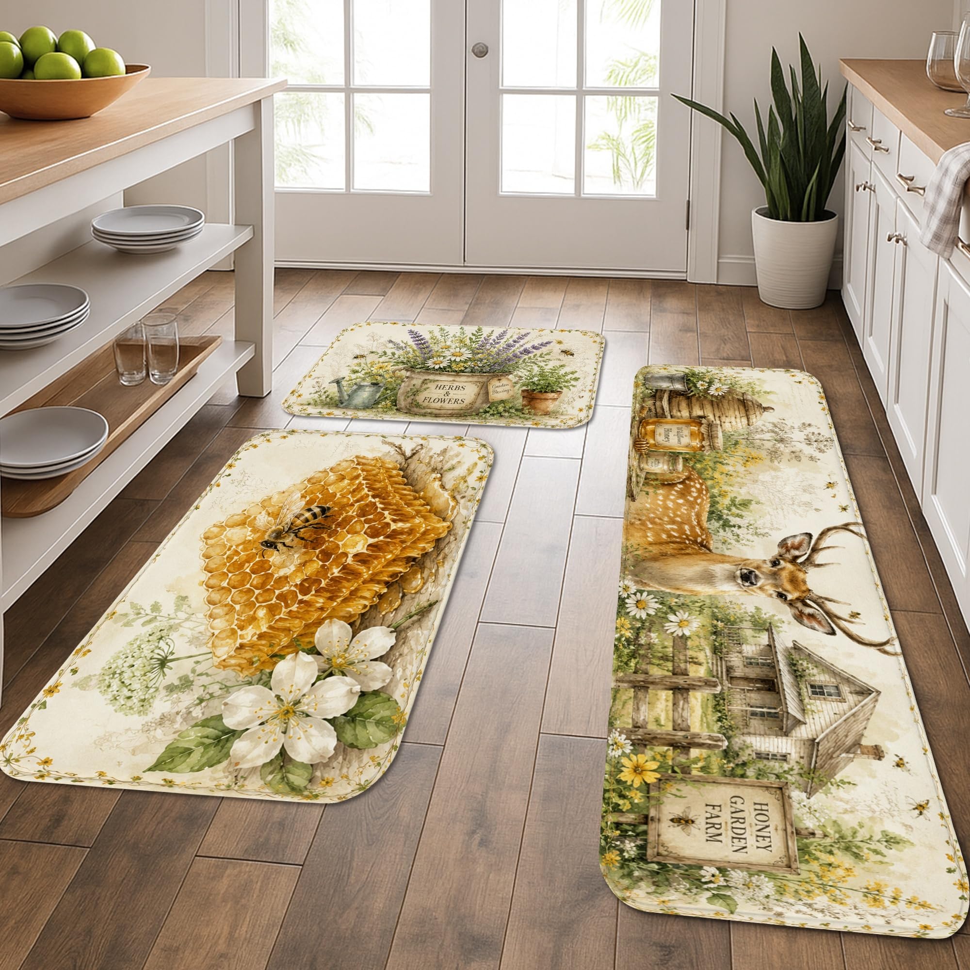 Tapis de cuisine lavable doux motif floral rustique pour sol de buanderie lot de 3
