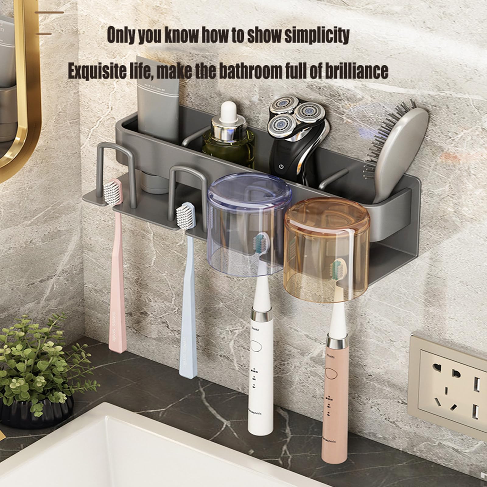 Portaspazzolino da Bagno Tazza per collutorio Senza Punch Tazza per Denti Scatola portaoggetti a Parete (Grigio) Portaspazzolino Elettrico,Grey-4