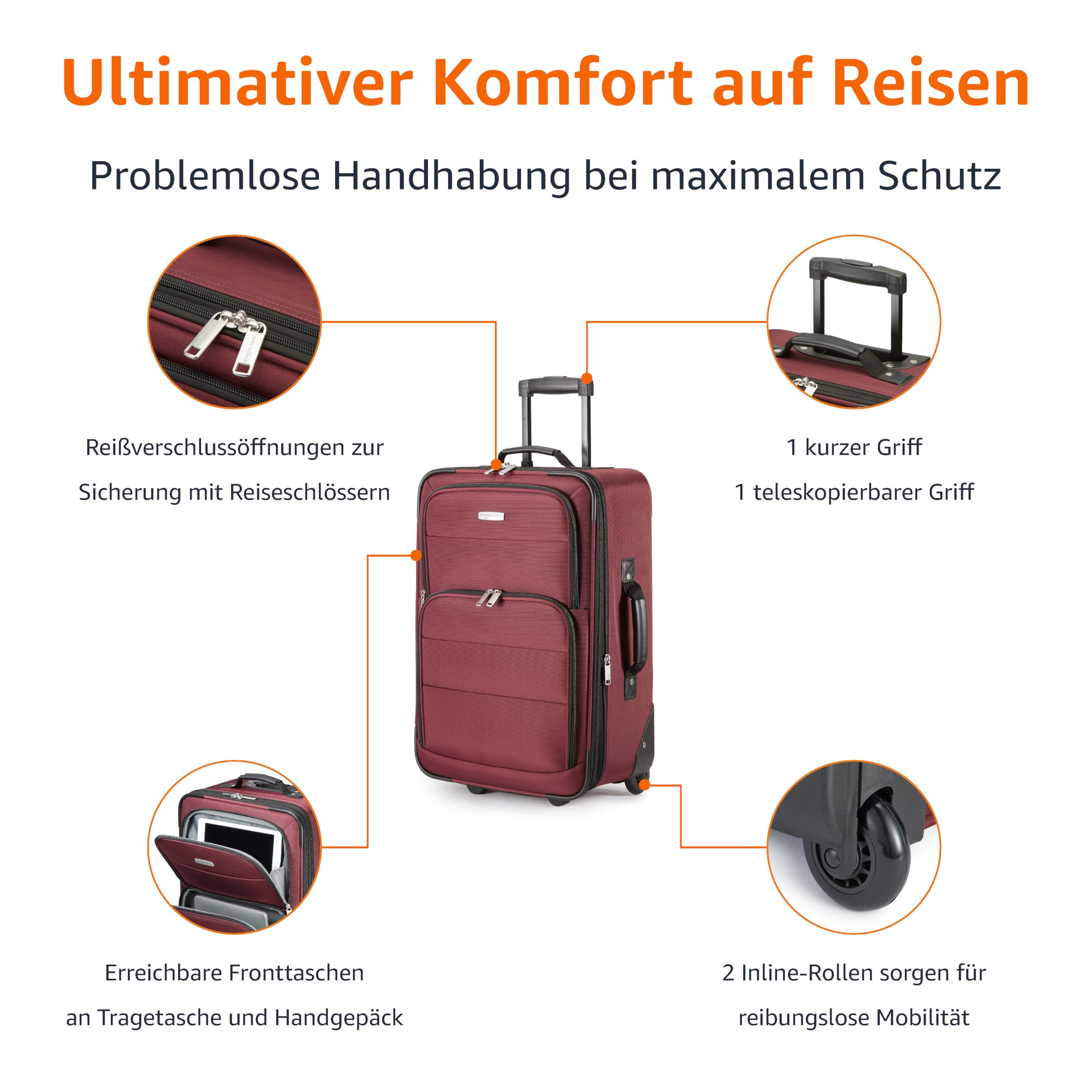 Amazon Basics 2-Teiliges Weichschalen-Koffer-Set, Erweiterbares Handgepäck (58 cm) und Tragetasche (25 cm), Leicht, 100% Polyester, Stapelbares Set, Rot