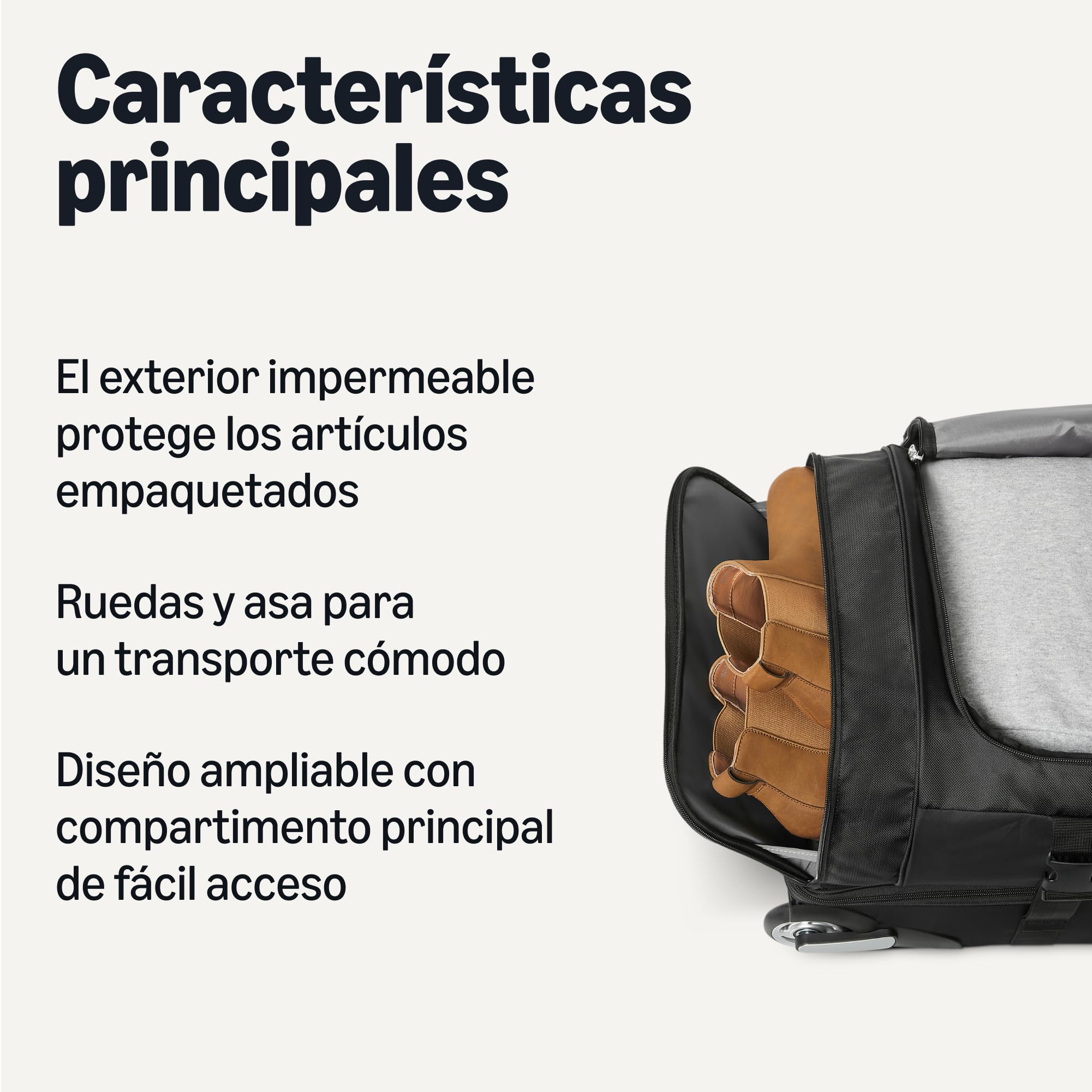 Amazon Essentials Bolsa de Lona con Ruedas, Tamaño para Bodega de 76,2cm, Ampliable, Compartimento para Zapatos, Mango Telescópico, Negra
