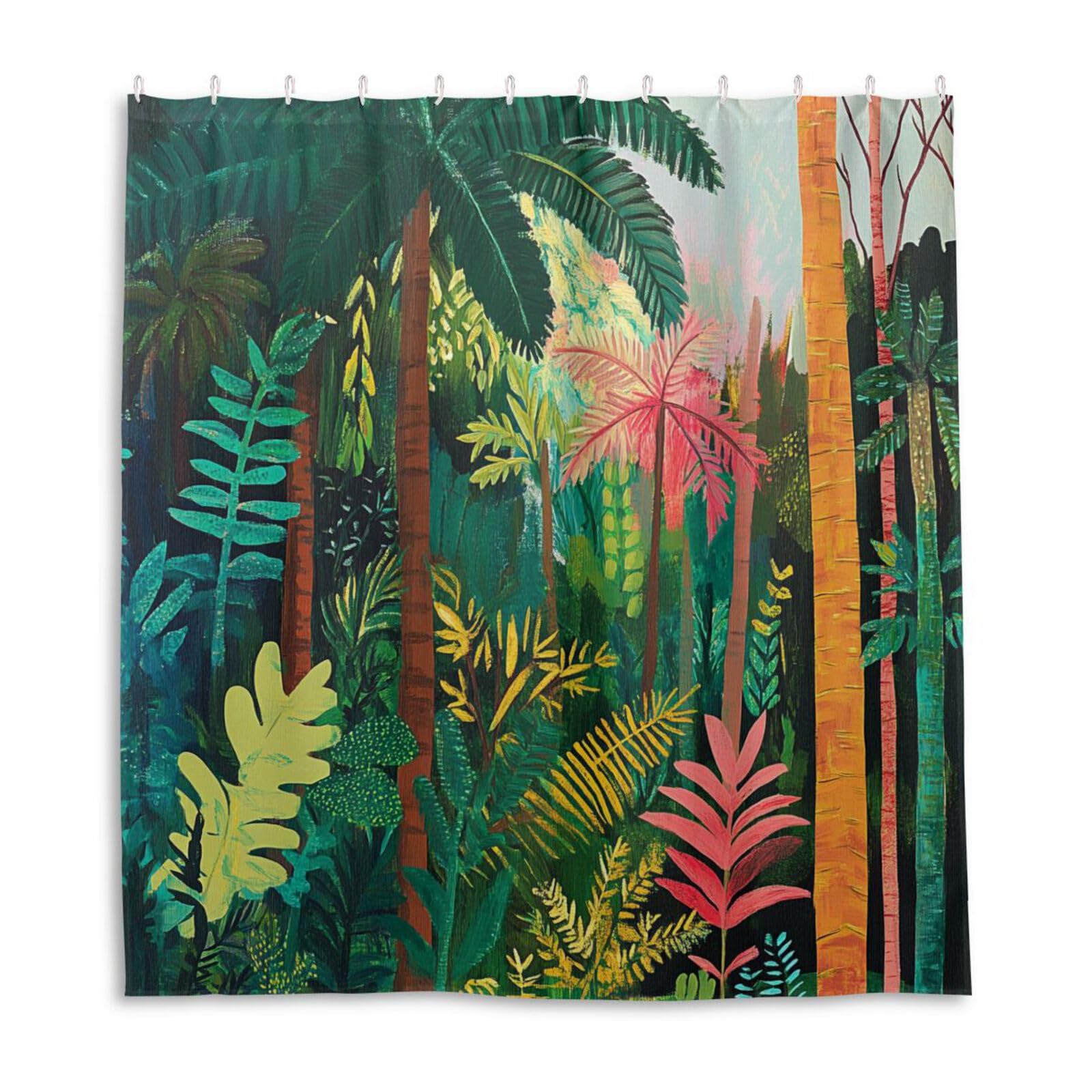 Rideau de douche en tissu hydrofuge vert forêt tropicale 168x183cm avec crochets