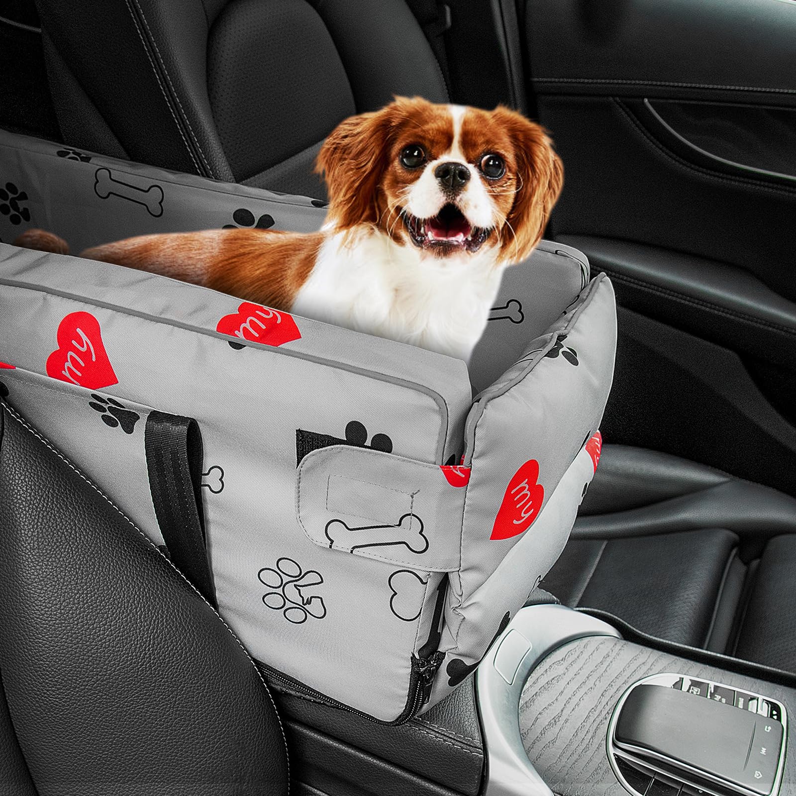 PETILALA Center Console Dog Booster Seat for Small Dogs&Cats Up to 15Lbs,Detachable &Washable Armrest Pet Dog Car Seat&Travel Bed&Carrier 3in1 for Puppy Doggie with Safety Tether
