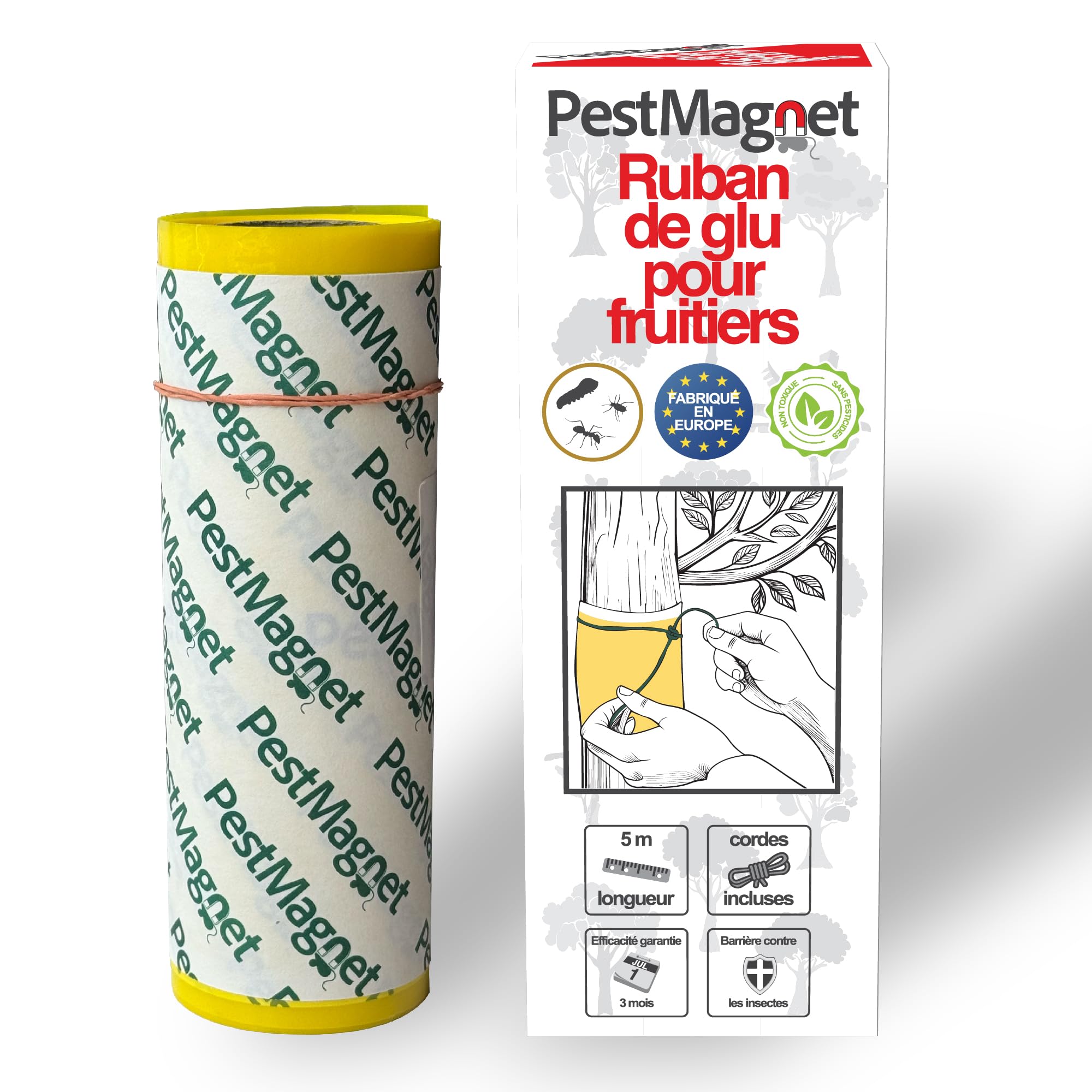 Bande de Colle pour Arbres 5 m – Jaune - Piège à Insectes Rampants, Fourmis, Chenilles –Non Toxique, Résistante à l’Eau–Ruban Collant pour Arbres Fruitiers Cerisiers Jardins–Facile à Appliquer