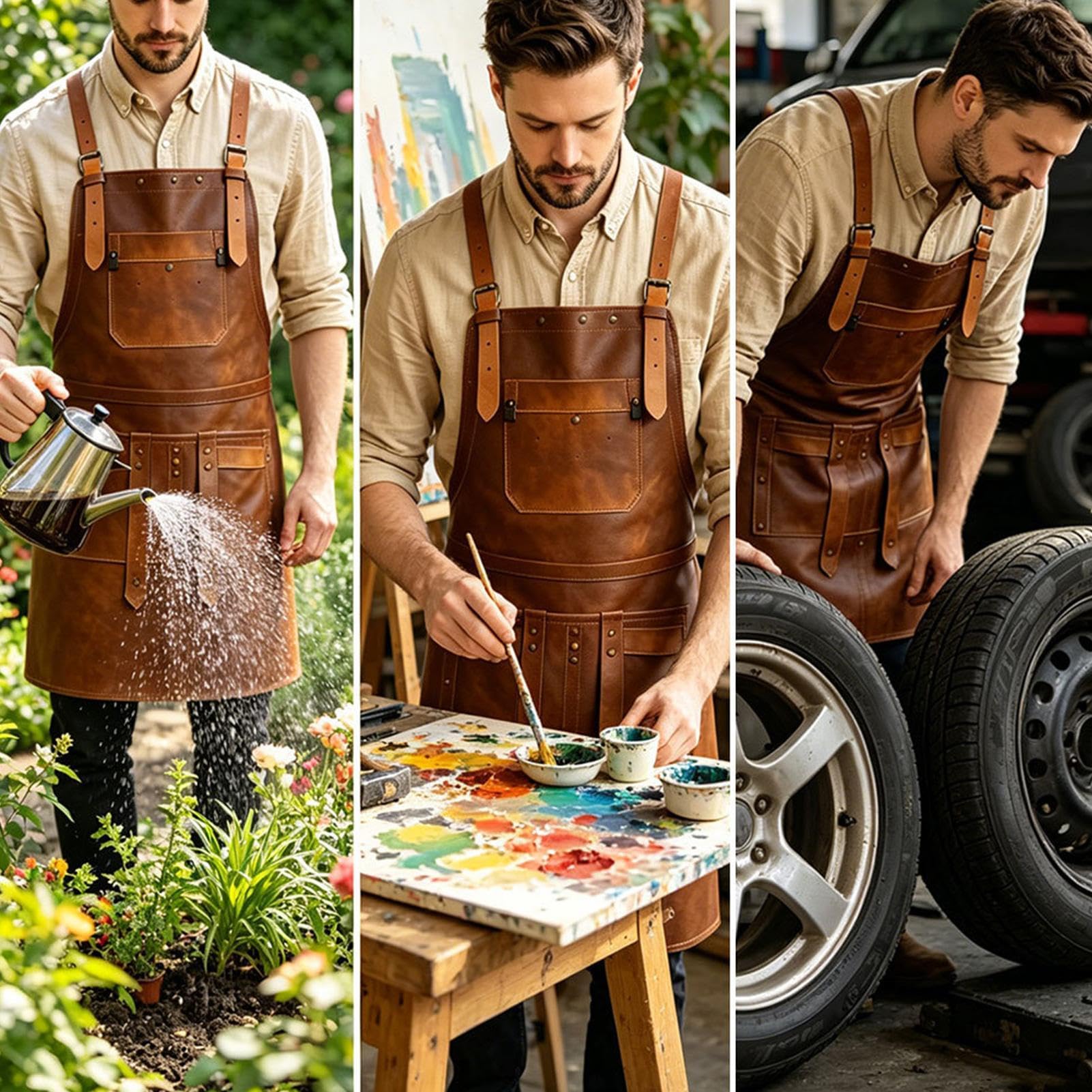 Delantales en cuero para hombres Ergonómico con Espalda Cruzada Impermeable | delantal para carpintería para barbacoa, repostería, manualidades, chefs caseros y maestros de barbacoa