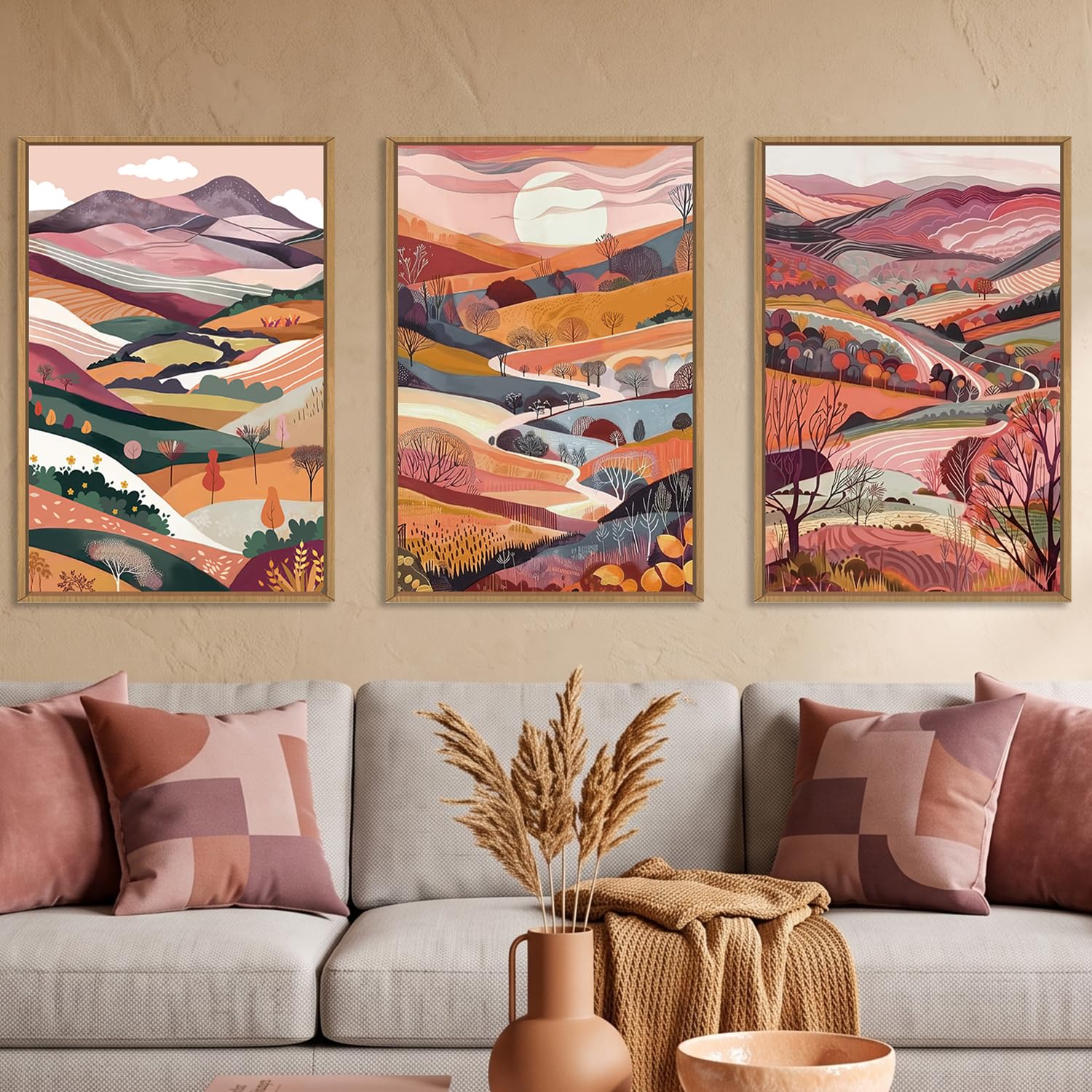 KAIRNE Boho Colorful Mountain Framed Canvas Wall Art Set,Abstract Pink Landscape Wall Decor,Watercolor Forest Art Prints,Nature Scenery Artwork for Living Room,Bedroom,Farmhouse,Office-16 x24 x3