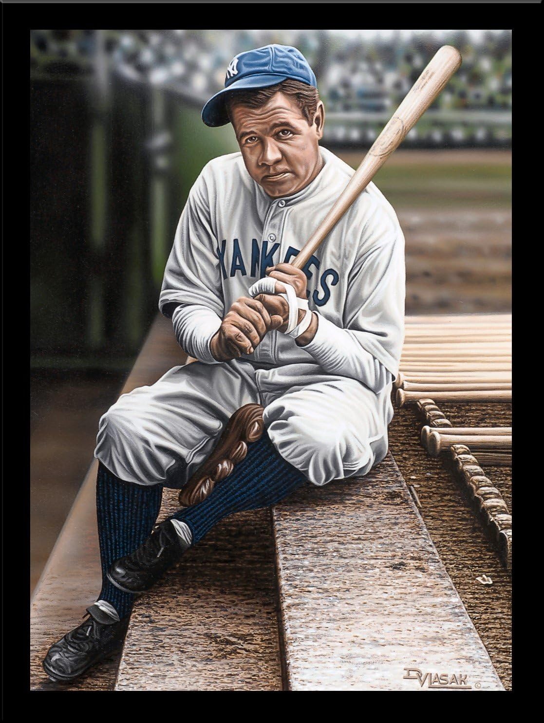 Framed Babe Ruth Sitting on The Top Step of The Dugout by Darryl Vlasak 24x18 Memorabilia Baseball Legend New York Yankees