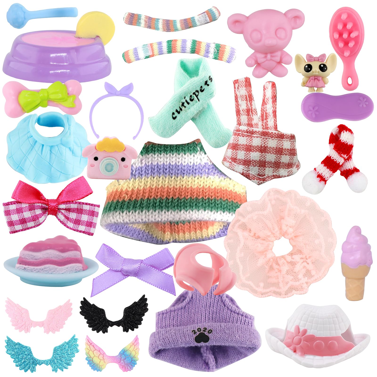 Random 25 Piece Mini Cute Accessories Compatible with Lps Hats Clothes Food Drink Toys for Dachshund Dog Puppy Shorthair Cat Jacket Scarf Dress Skirt Bow