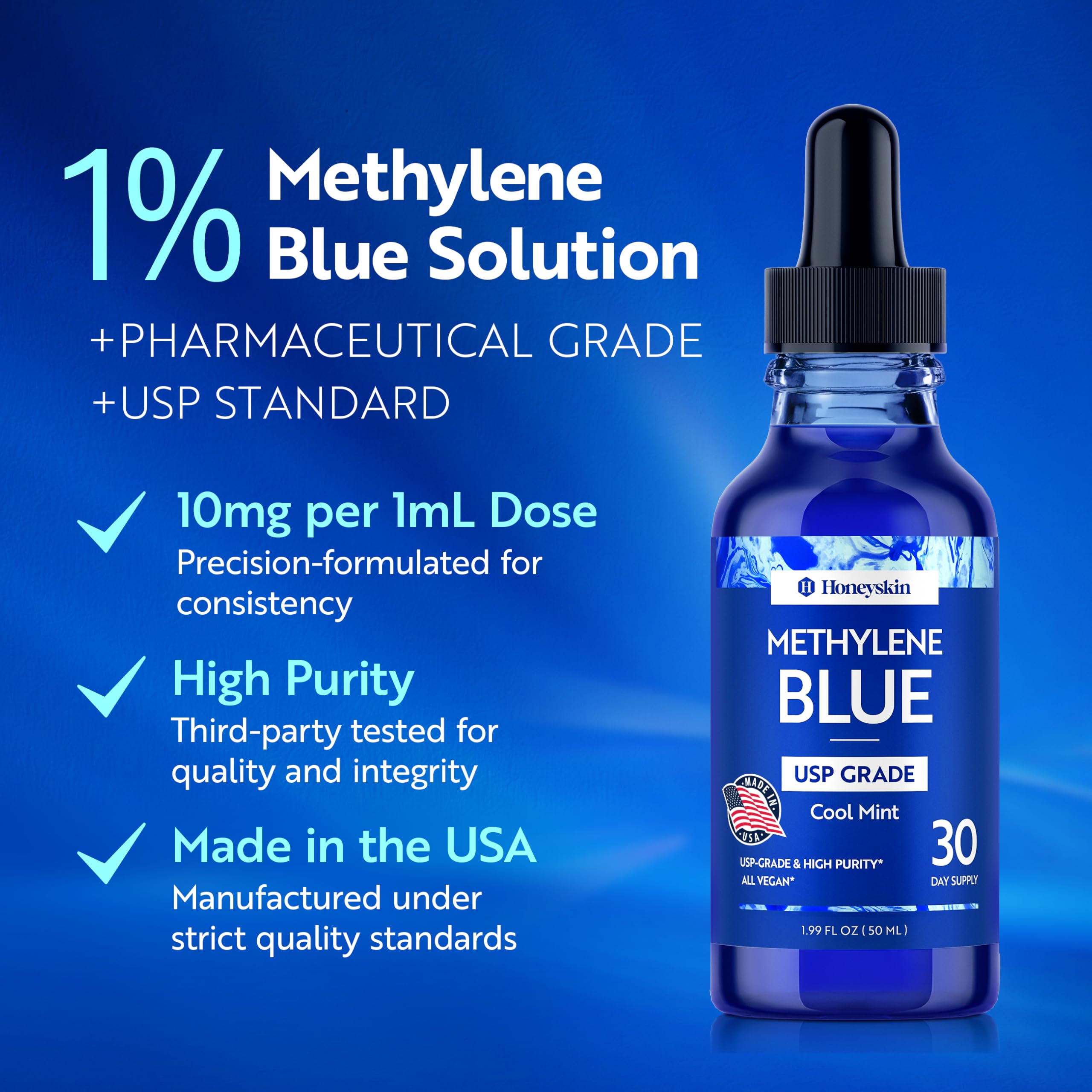 Honeyskin Methylene Blue Pharmaceutical Grade – 1% USP Grade High Purity Liquid Drops, Cool Mint Flavor | Alcohol-Free & Formaldehyde-Free | 50 Servings | Third-Party Tested, Made in USA