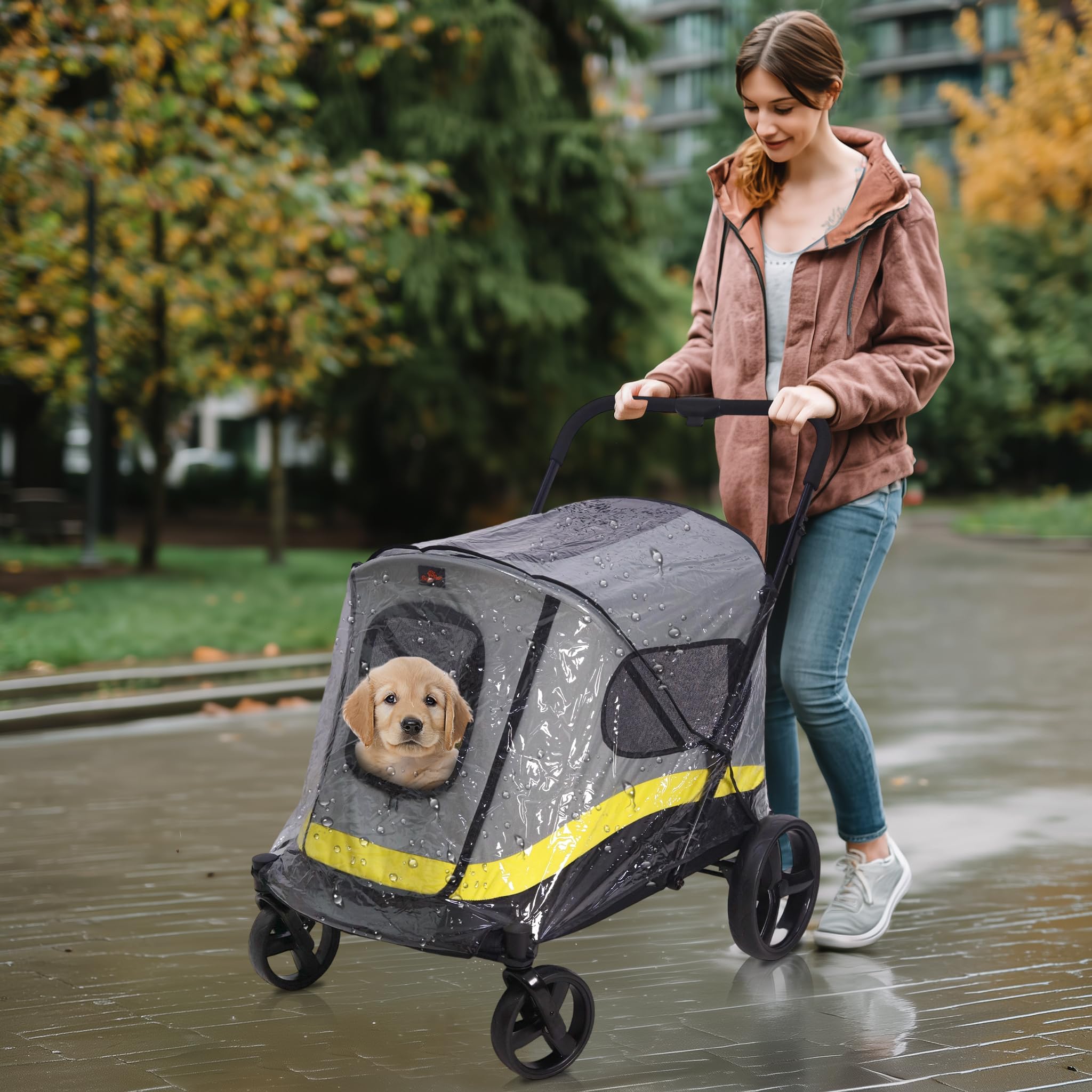 BingoPaw Passeggino per Cani Pieghevole: con Parapioggia Passeggino per Cani 42 kg Taglia Media Cuccioli e Gatti Durevole Passeggino Cane con Ruote Finestre a Rete Manico Regolabile