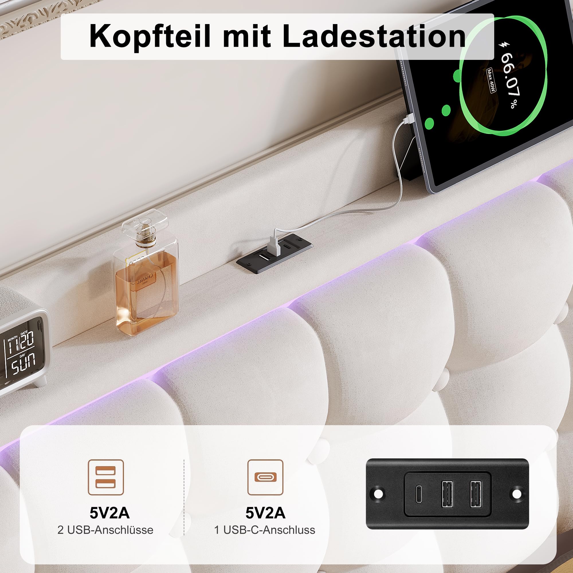 Letto imbottito con effetto galleggiante, LED RGB e porte USB integrate, letto matrimoniale 140 x 200 cm con testiera e rete a doghe in tessuto velluto
