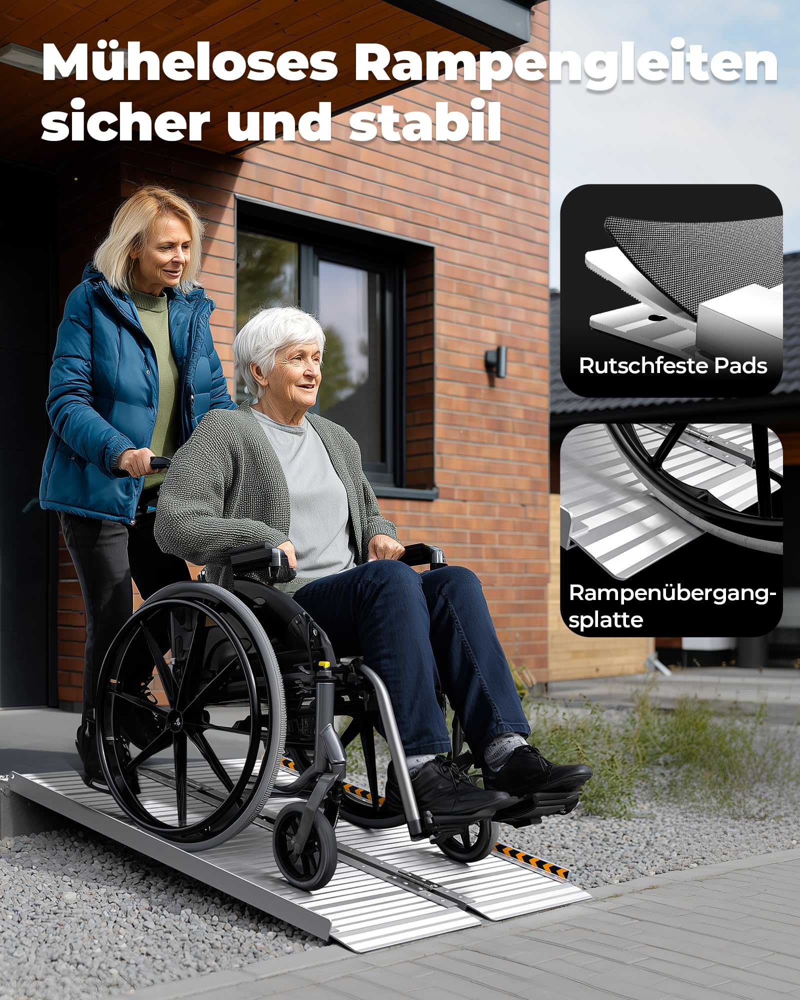 FACHNUO Klappbare Rollstuhlrampe 91,5CM Schwellenrampe, 362KG Traglast, rutschfeste Extrabreite 74CM - Tragbare Aluminiumrampe für Treppen, Stufen, Türen, Eingänge