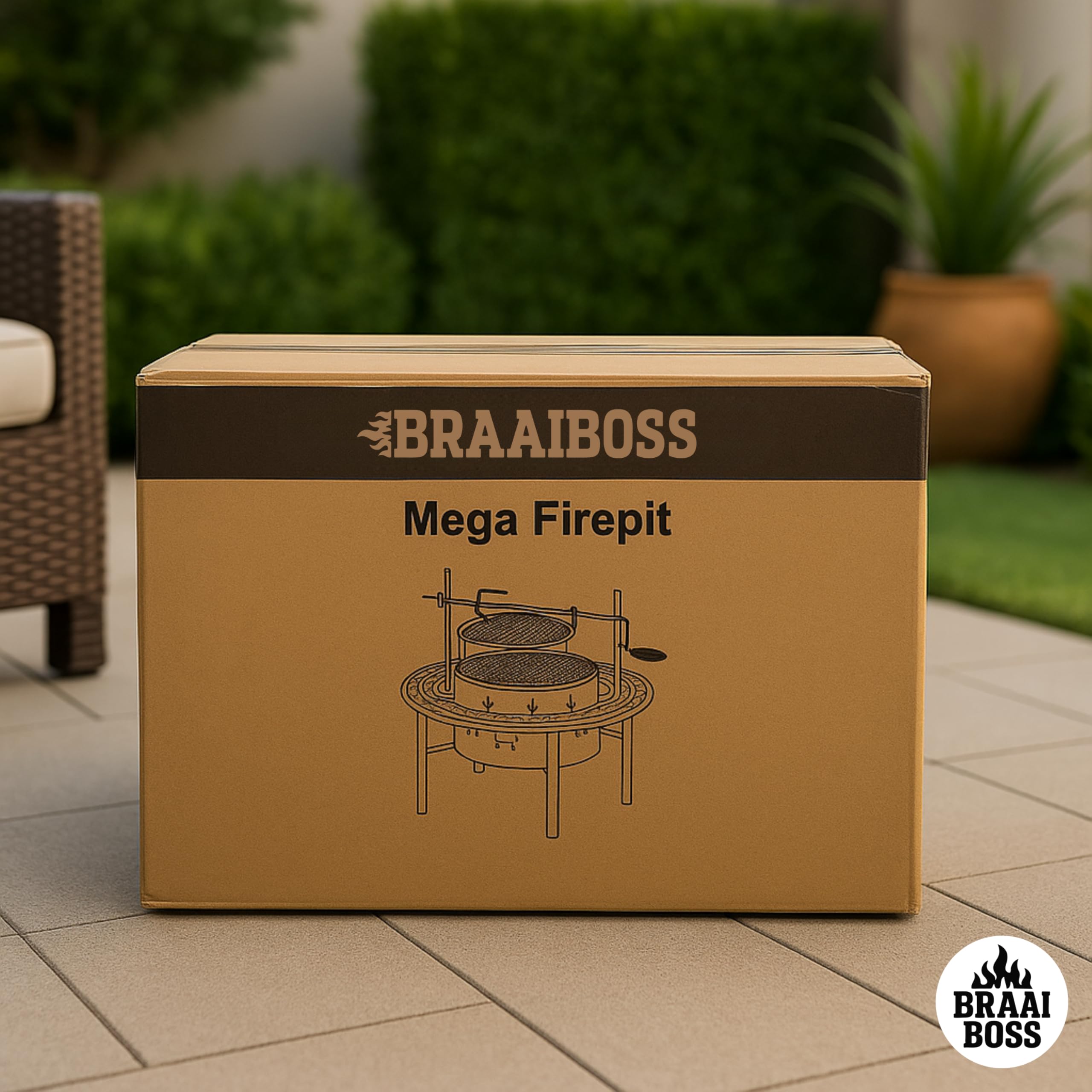 BraaiBoss 60cm Mega Fire Pit & Braai Grill with Rotisserie Spit