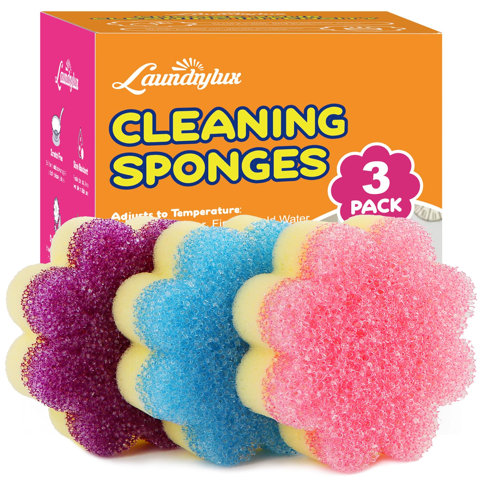 LAUNDRYLUX Scrub Sponge, Dual-Sided Temperature-Responsive Sponge and Scrubber - Non-Scratch - Multipurpose Dish Sponges for Kitchens, Bathrooms, and Outdoor Use - 3 Pack