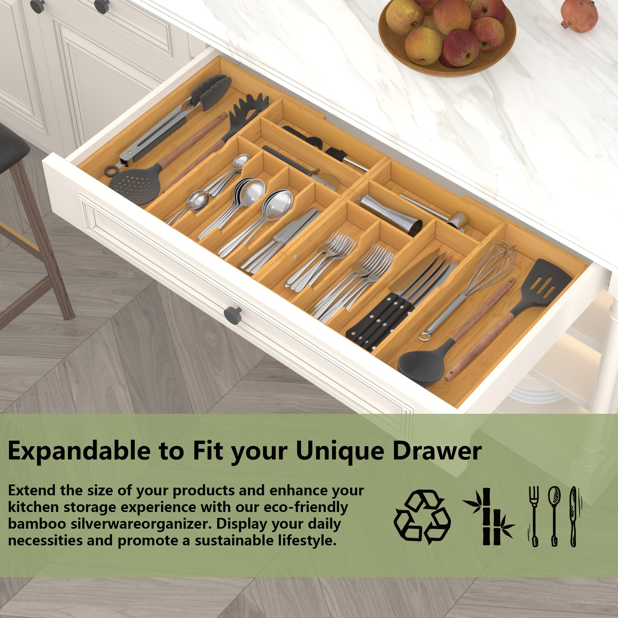 Suli Großer Besteckschubladen Organizer, verstellbares Küchenbesteck für Gabeln, Utensilienhalter für Löffel, Gabeln, Messer, Einstellbar Breite 54, 4-91,4 cm, Tiefe 40 cm,Naturbambus
