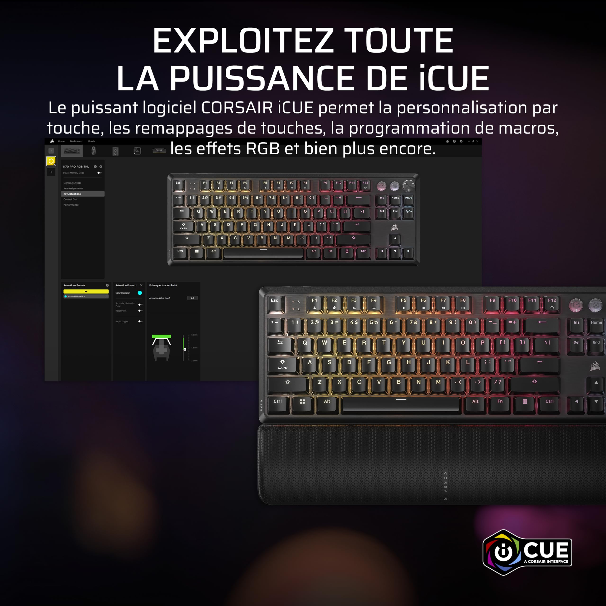 Corsair K70 Pro TKL RGB Clavier de Jeu Filaire Magnétique-Mécanique – Noir | Interrupteurs Ajustables MGX Hyperdrive à Effet Hall Pré-Lubrifiés, SOCD et Déclenchement Rapide Simultanés, 8000Hz, AZERTY