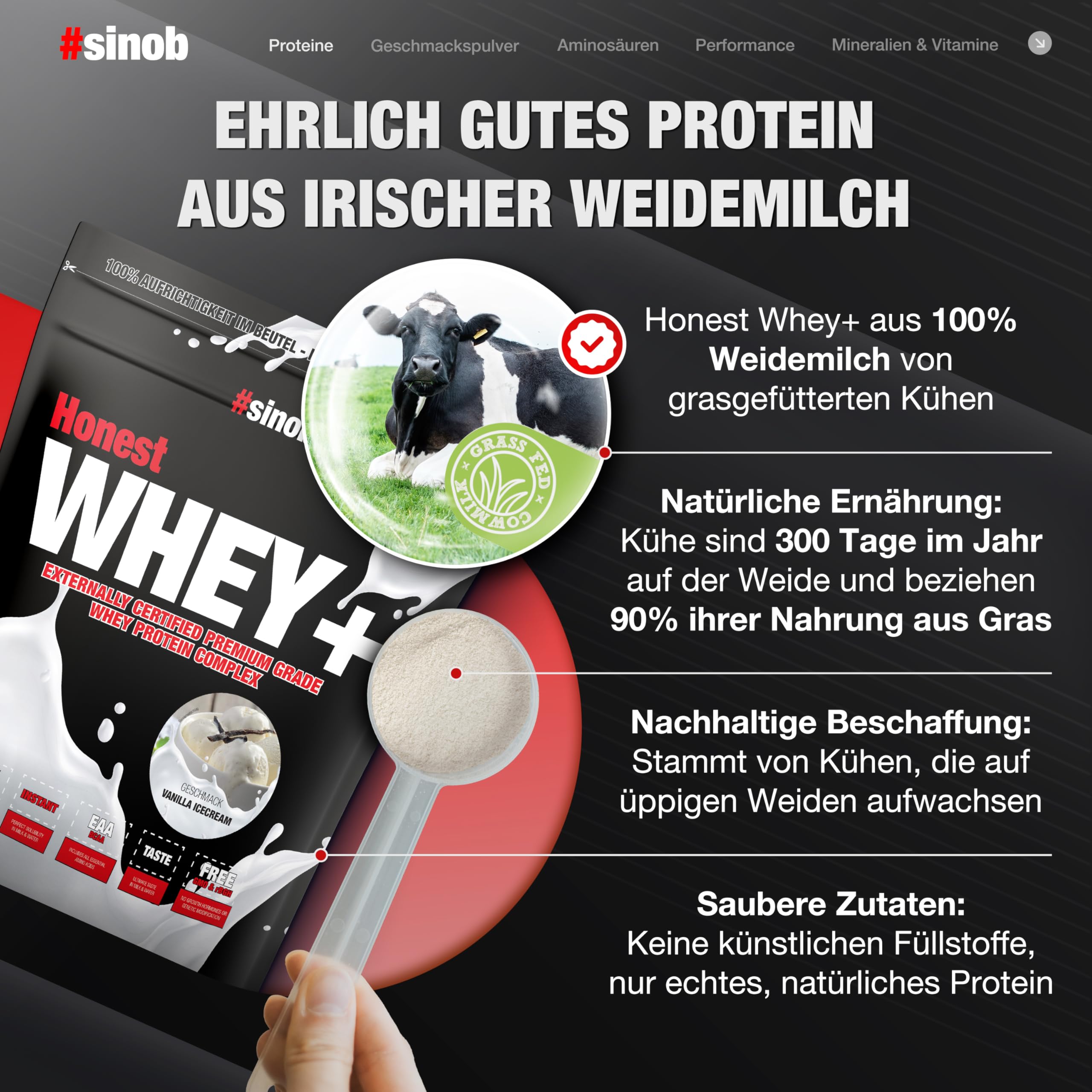 #sinob Honest Whey Vanilla Icecream 820 g | Grass Fed Whey Protein Pulver | Aus irischer Weidemilch | Mit Sonnenblumenlecithin statt Sojalecithin