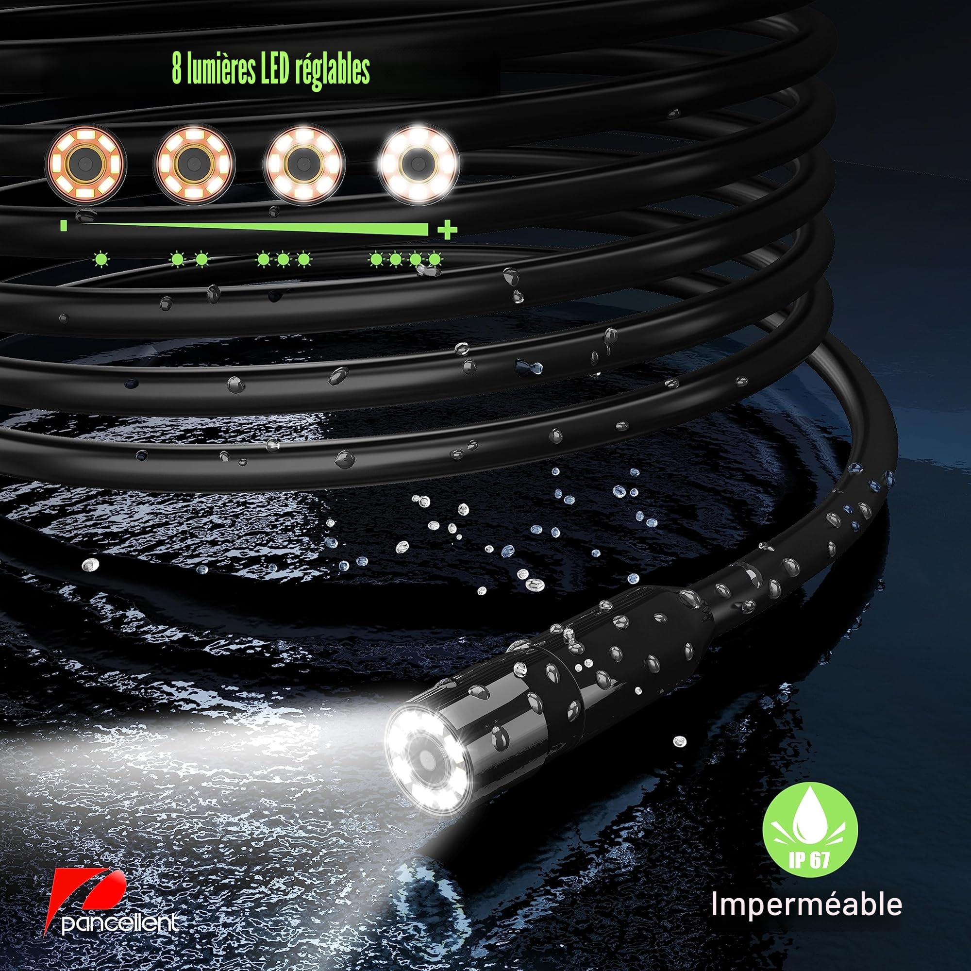 Pancellent Caméra Endoscopique avec Lumière, Serpent d'inspection 1920P avec écran Couleur HD, Endoscope Industriel étanche avec 8 Lumières LED Réglables, Caméra d'égout Semi-Rigide de 5M