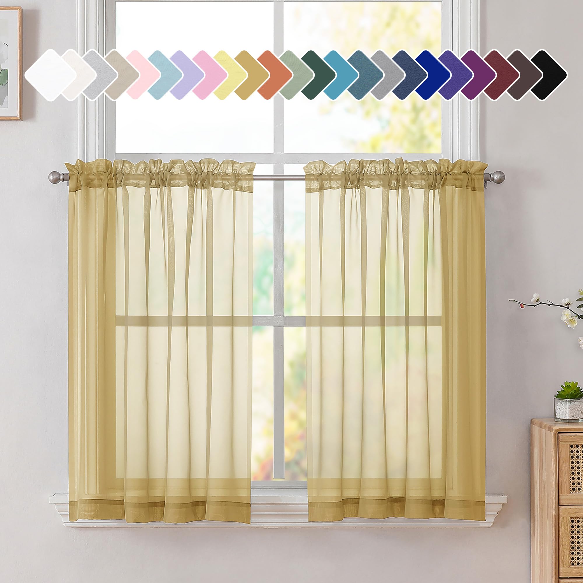 Simplebrand Gold Short Sheer Cafe Tier Curtains 36 Inch Length 2 Panels