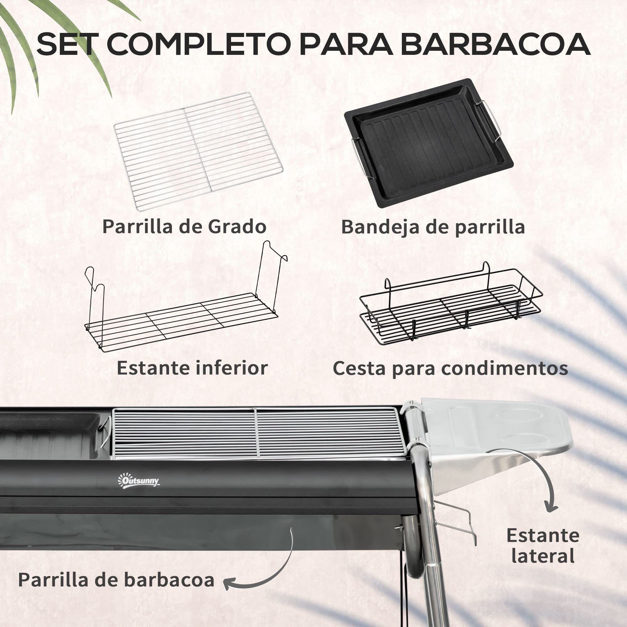 Outsunny Barbacoa de Carbón Barbacoa Portátil con Parrilla de Acero Inoxidable Bandeja Especiero y Estante de Almacenamiento para Jardín Camping 107x63x75 cm Negro