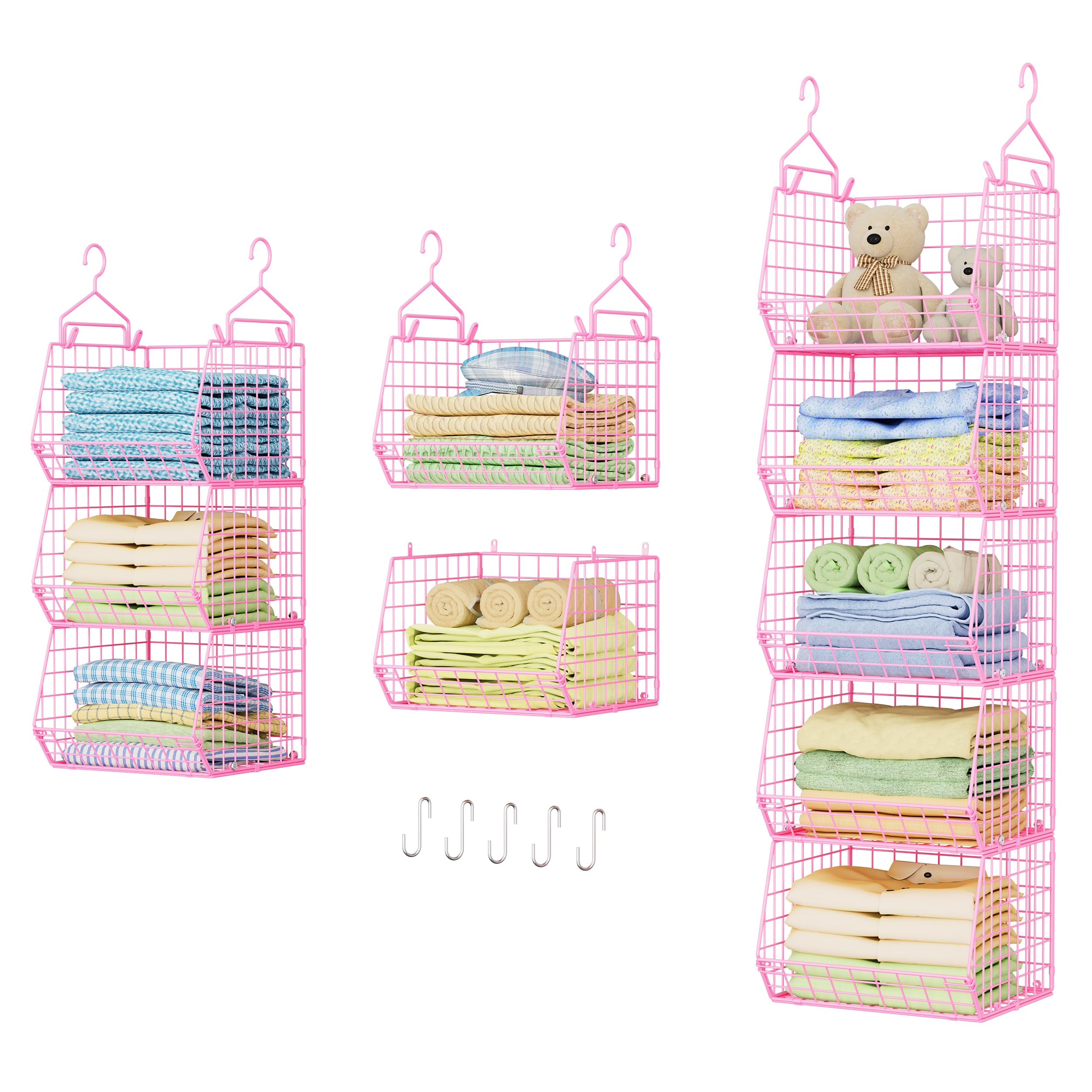 5 Tier Closet Hanging Organizer, Clothes Hanging Shelves with 4 Hanging Hooks 5 S Hooks, Wire Storage Basket Bins, for Clothing Sweaters Shoes Handbags Clutches Accessories Patent Design-Pink