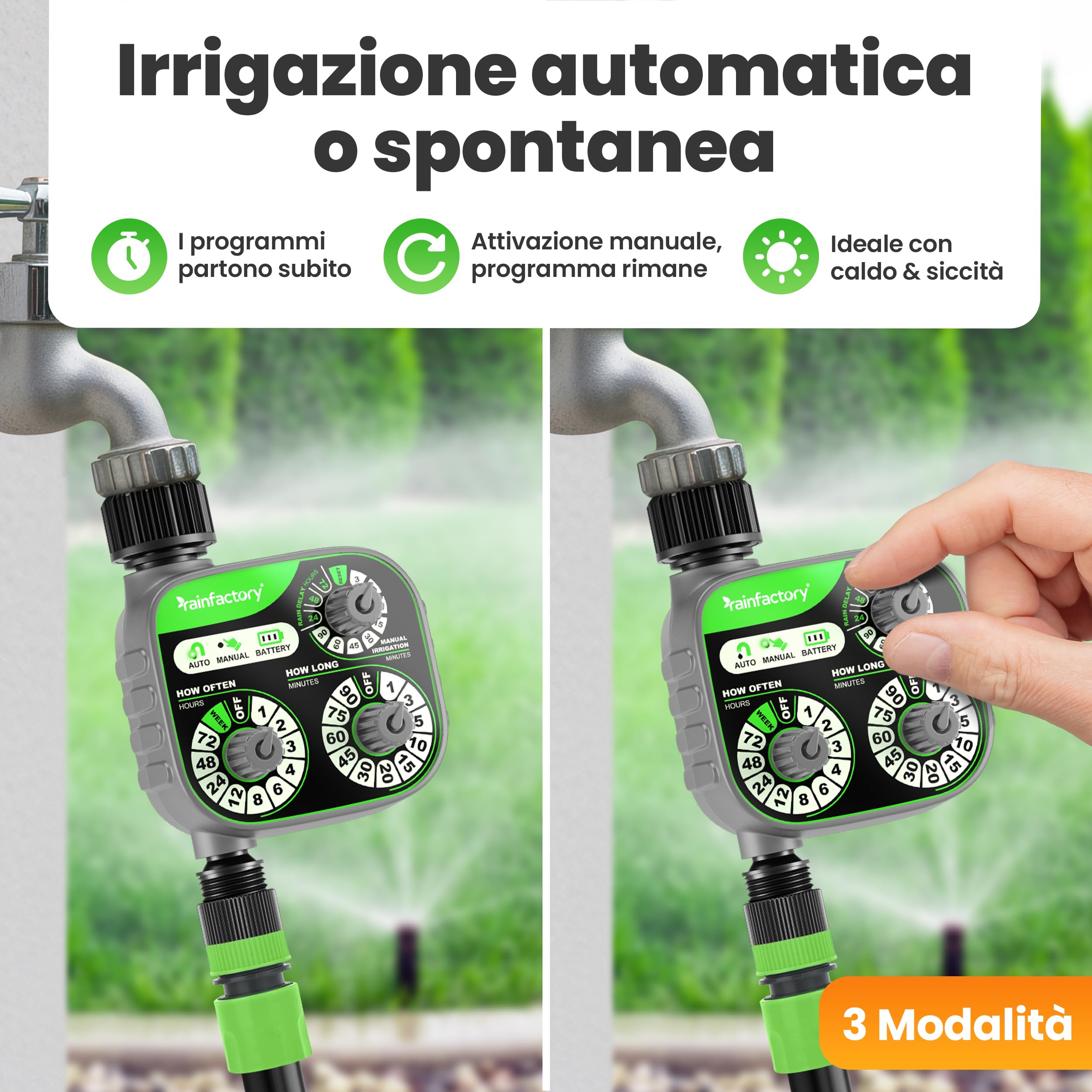rainfactory Timer Irrigazione con 3 Manopole - Programmatore Irrigazione per Uso Automatico o Manuale con Ritardo Pioggia - Risparmio Acqua per Giardino, Prato e Balcone