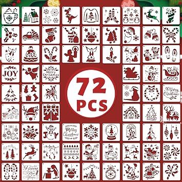 72 PCS 3x3 Inch Christmas Stencils for Painting - Snowflake Santa Claus Christmas Tree Reusable Christmas Painting Templates on Wood, Glass, Fabric, Window Door Decor DIY Decoration