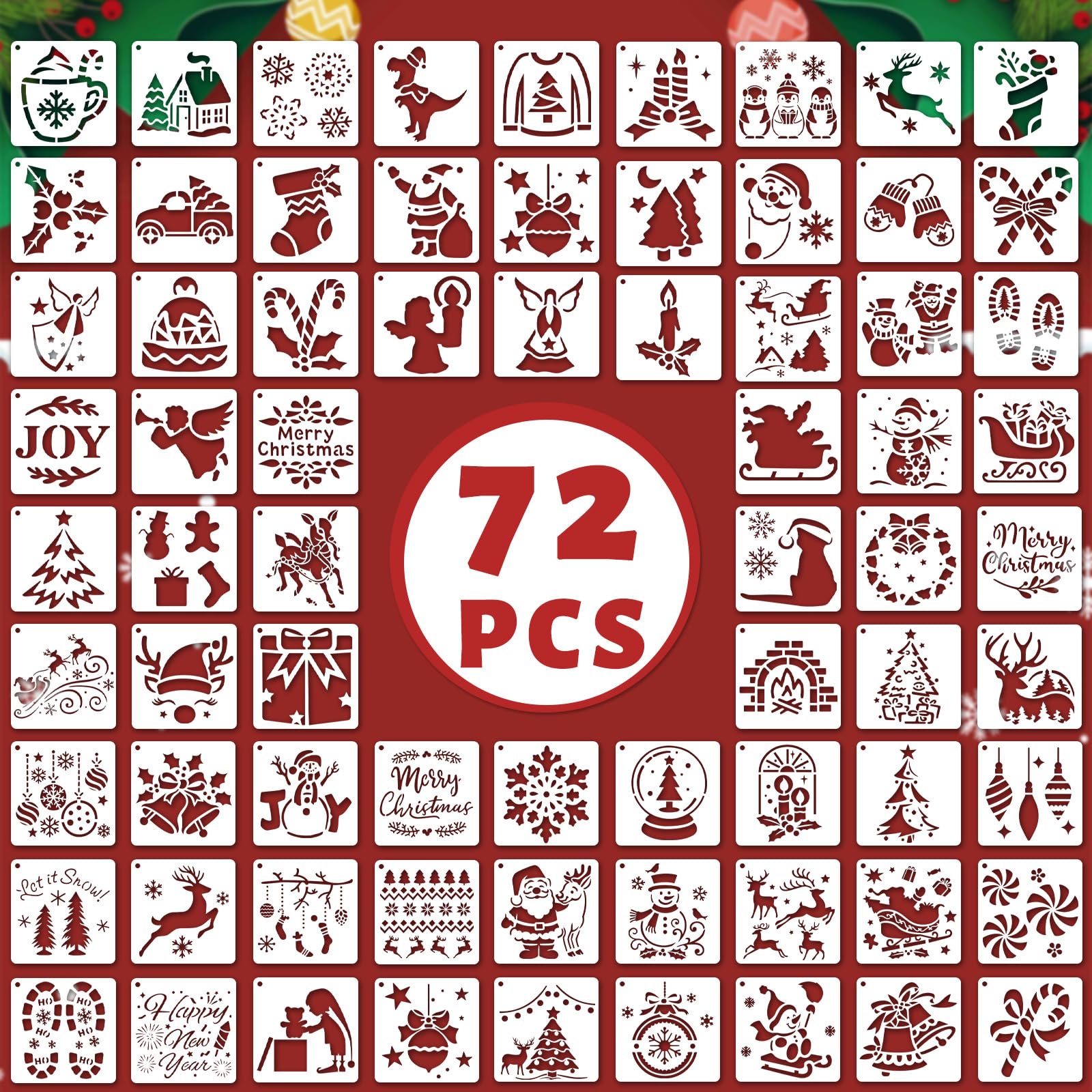 72 PCS 3x3 Inch Christmas Stencils for Painting - Snowflake Santa Claus Tree Reusable Christmas Painting Templates on Wood, Glass, Fabric, Window Door Decor DIY Decoration — image 1