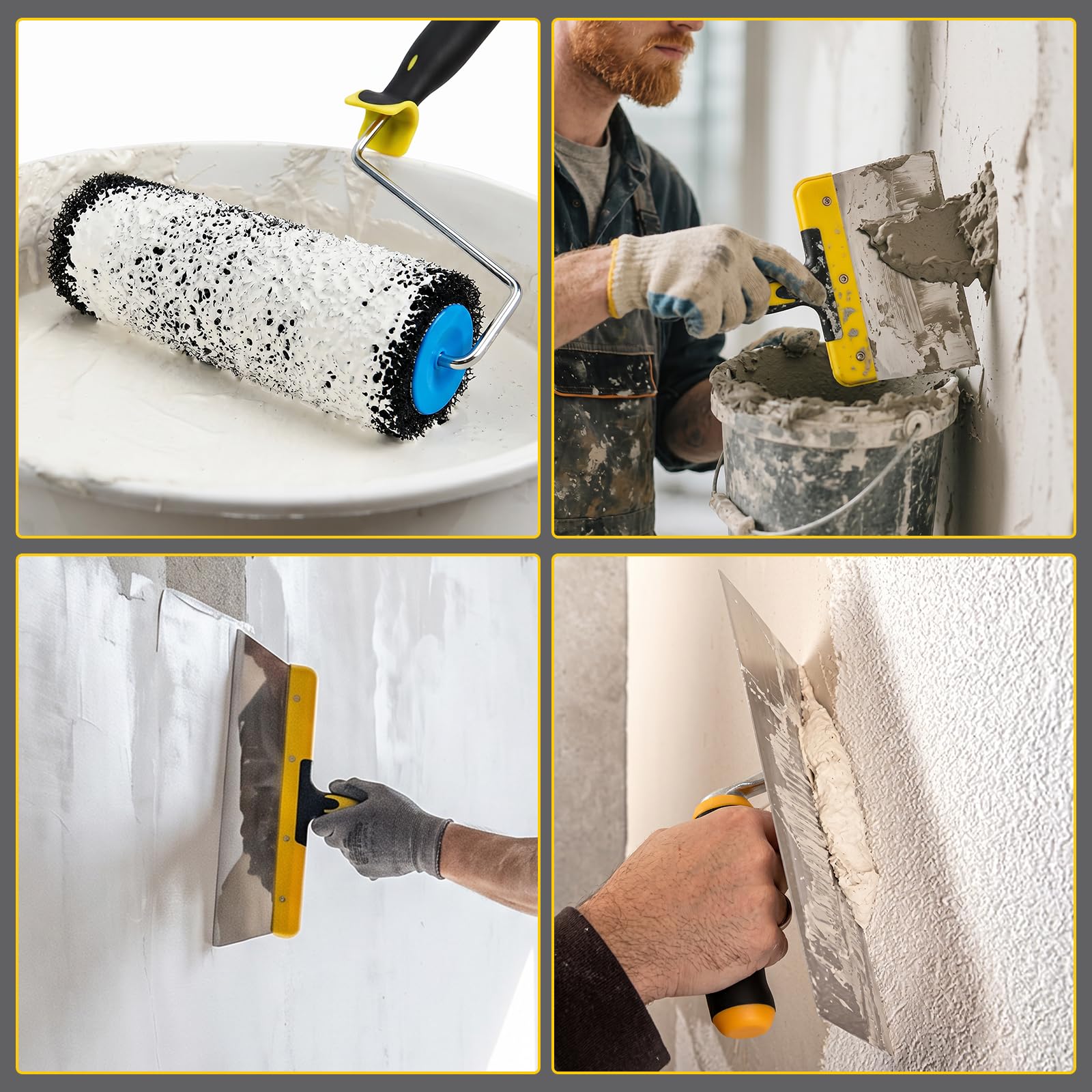 Set Spatole Rasanti con Rullo per Stucco, Kit 4 Pezzi in Acciaio Inox per Cartongesso e Riparazione Pareti, Rullo 23 cm, Frattazzo e Spatole 25/40 cm