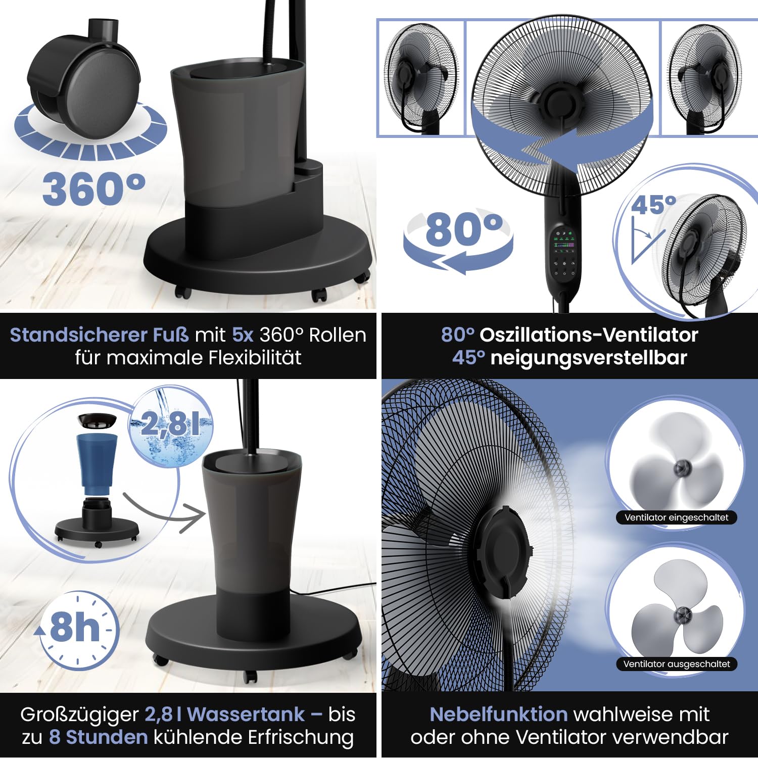 NEU Ventilator mit Wasserkühlung, Standventilator sehr leise mit Fernbedienung, Luftkühler mit Timer-Funktion, Drei Geschwindigkeiten, Schwenk- und Neigefunktion, schwarz