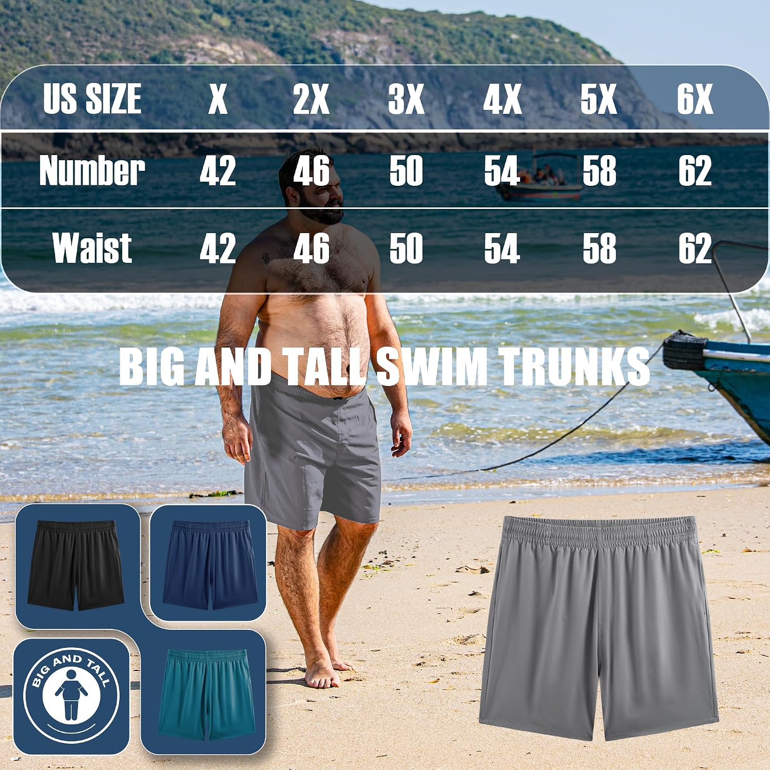BRISIRA Big and Tall Swim Trunks for Men Quick Dry Board Shorts Compression Liner and Zipper Pockets 1X-6X