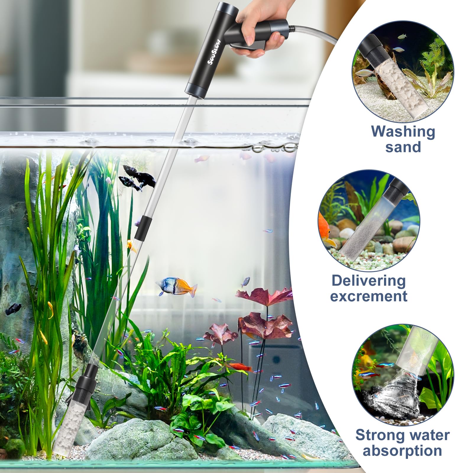 Cambio d'Acqua per Acquario, Detergente per Ghiaia per acquari Kit, vestito per il cambio dell'acqua dell'acquario e la pulizia della sabbia dell'acquario, rimuovere lo sporco.