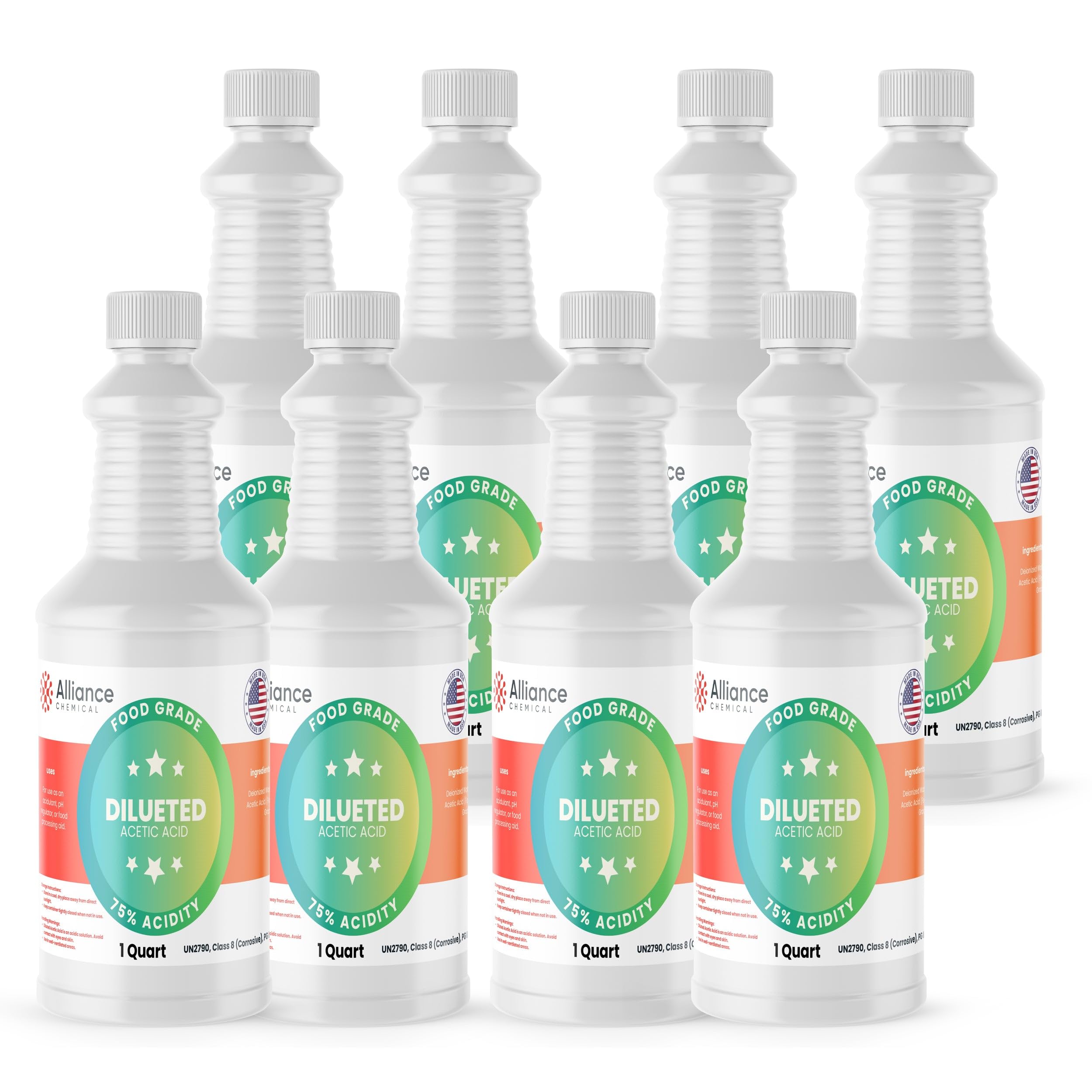 75% Diluted Acetic Acid Food Grade - 8 Quarts – for Industrial Cleaning, Metal Surface Treatment, pH Adjustment, and Chemical Processing
