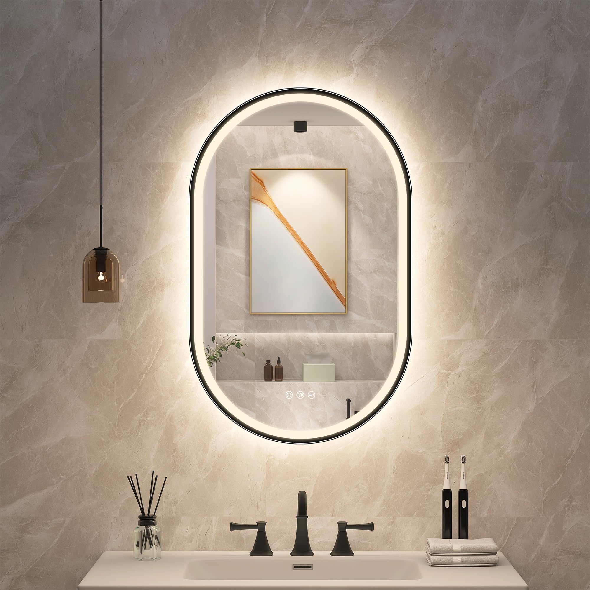 STARLEAD 800x500 mm Oval-Bathroom-Mirror-with-LED-Lights, Bluetooth, LED-Bathroom-Wall-Mirror with 3 Colours Dimmable, Defogging, IP44, HD Tempered Glass, Horizontal/Vertical, Black Paint — image 1