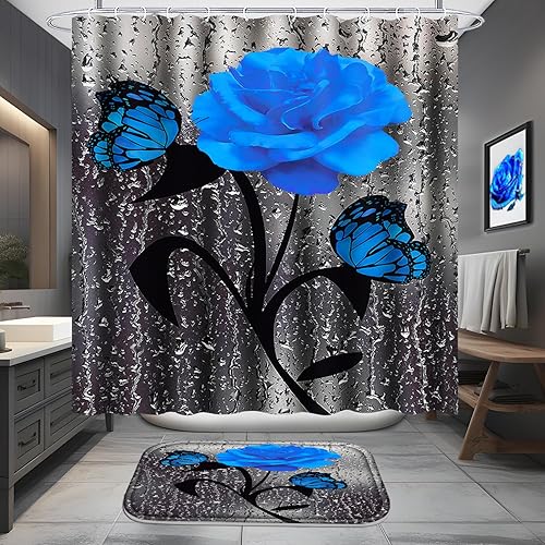 Miniatura 2 de Poedist Juego de 4 cortinas de baño con diseño de rosas azules, juego de cortinas de ducha florales con alfombras (tapete de baño, forma de U y