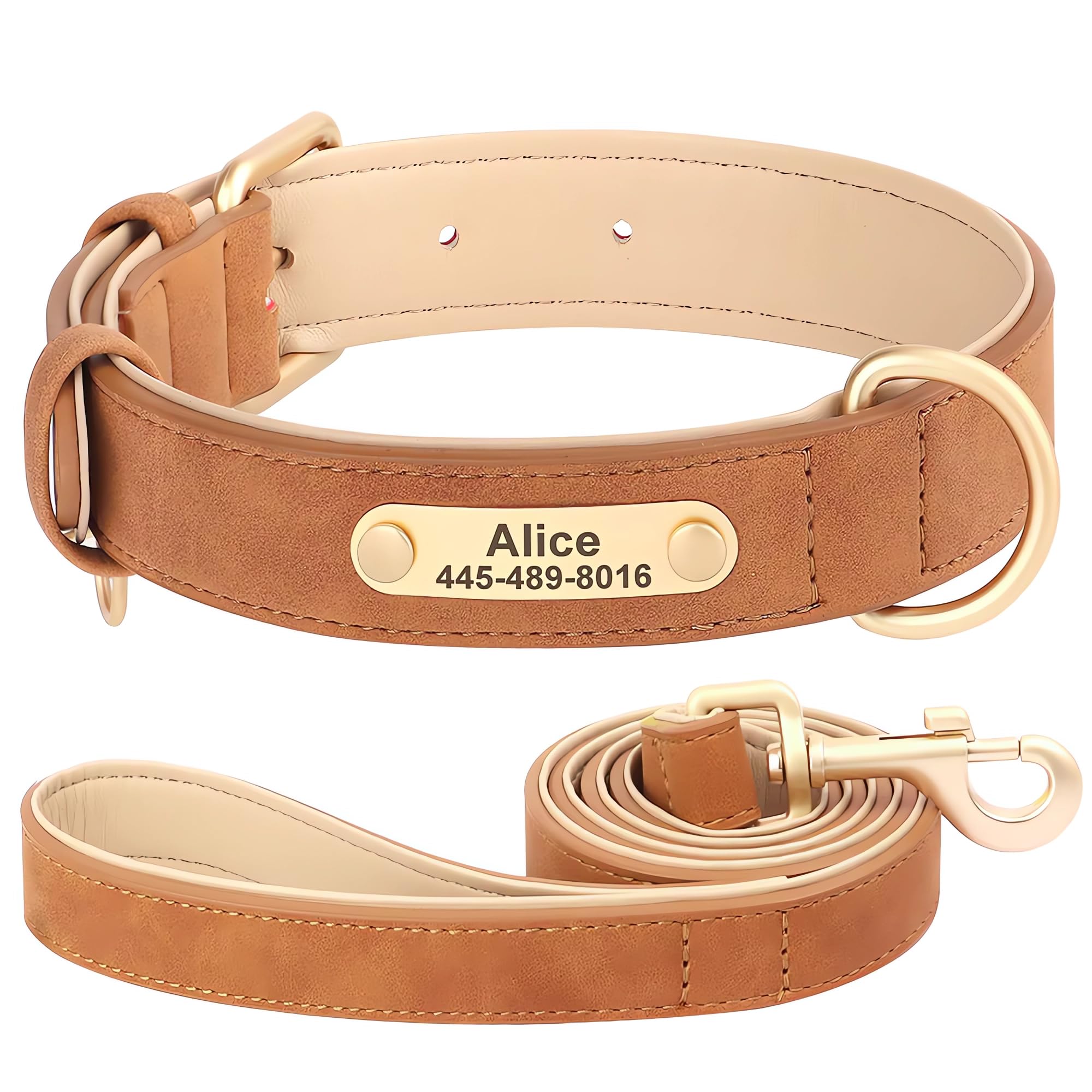 SEOUGEE Personalised Leather Dog Collar and Leash Set, Soft Padded Leather Dog Collars Heavy Duty with Custom Engraved Name Plate Adjustable for Small Medium Large Dogs (S, Camel Brown Set 23-32cm) — image 1