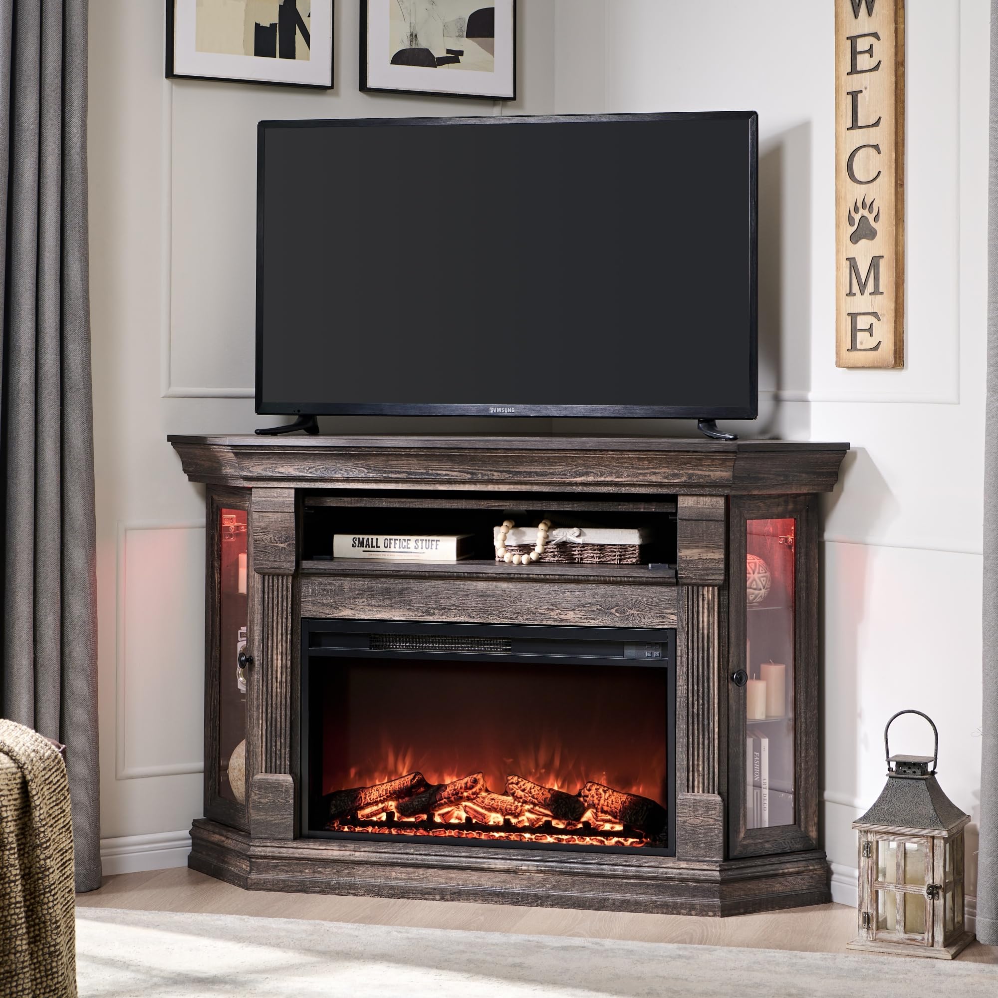 OKD 56'' Corner Fireplace TV Stand for 65 Inch TV, Farmhouse Entertainment Center w/ 30'' Electric Fireplace, Media Console for Living Room - Hidden Flip-Up Cubby, Shelves & LED Lights,Dark Rustic Oak