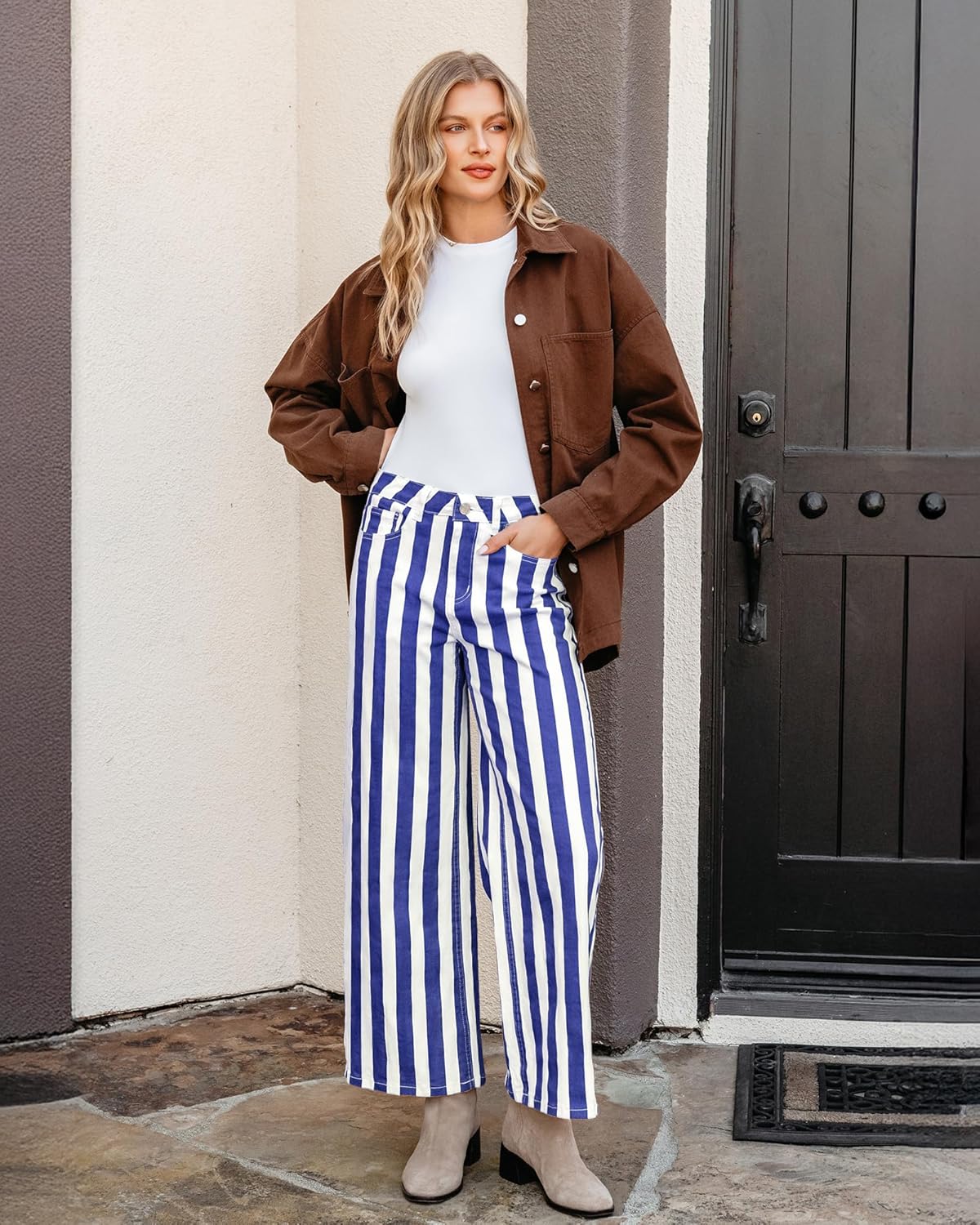 GRAPENT Women Jeans Striped Wide Leg High Waisted Trendy Stretchy Denim Pants Cute Casual Trouser Jeans with Pockets - Image 5