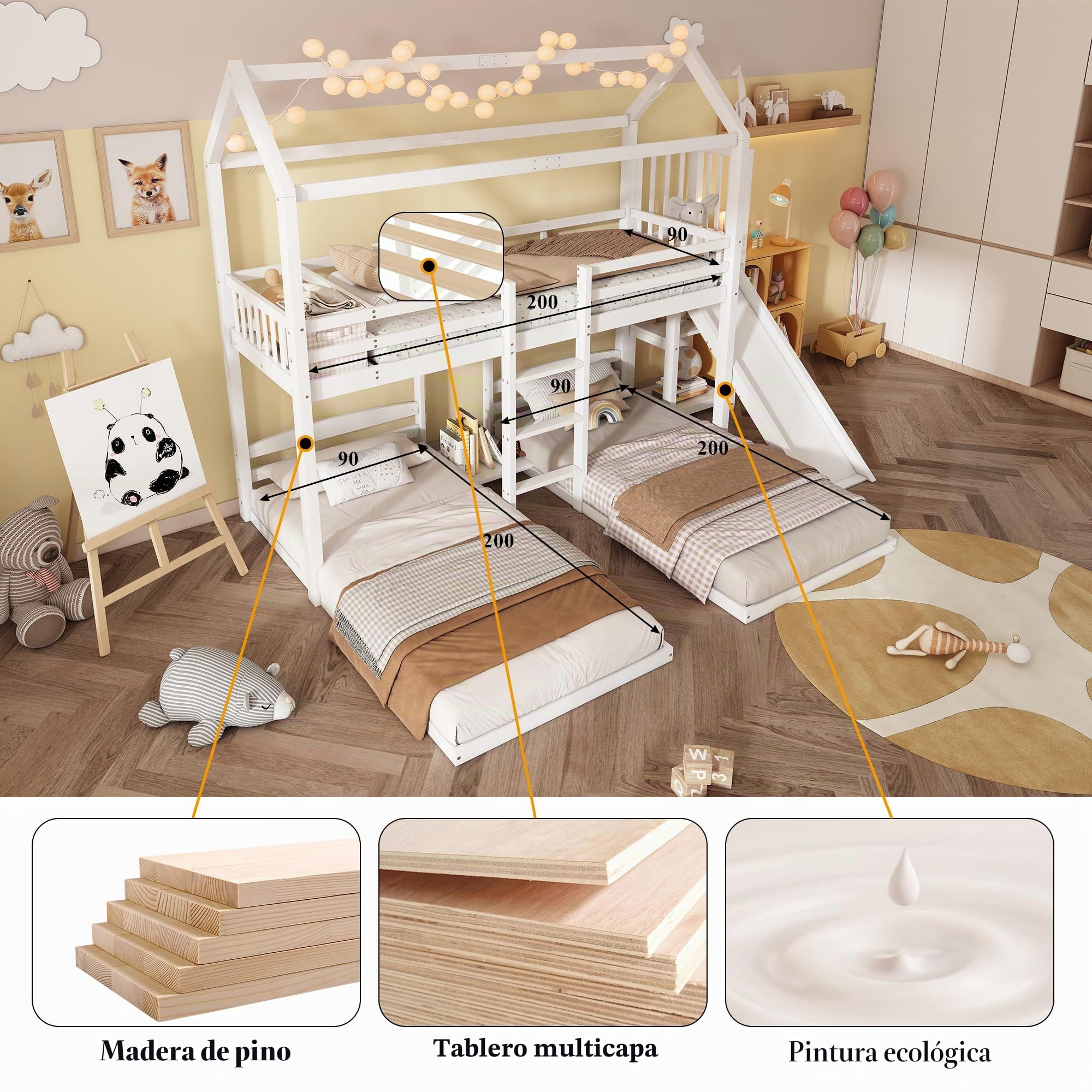Dolamaní Cama alta para 3 niños, 90 x 200 cm, color blanco, con protección anticaídas, tobogán, estantería de almacenamiento y escalera de tres niveles, cama de madera de pino, cama infantil, cama con