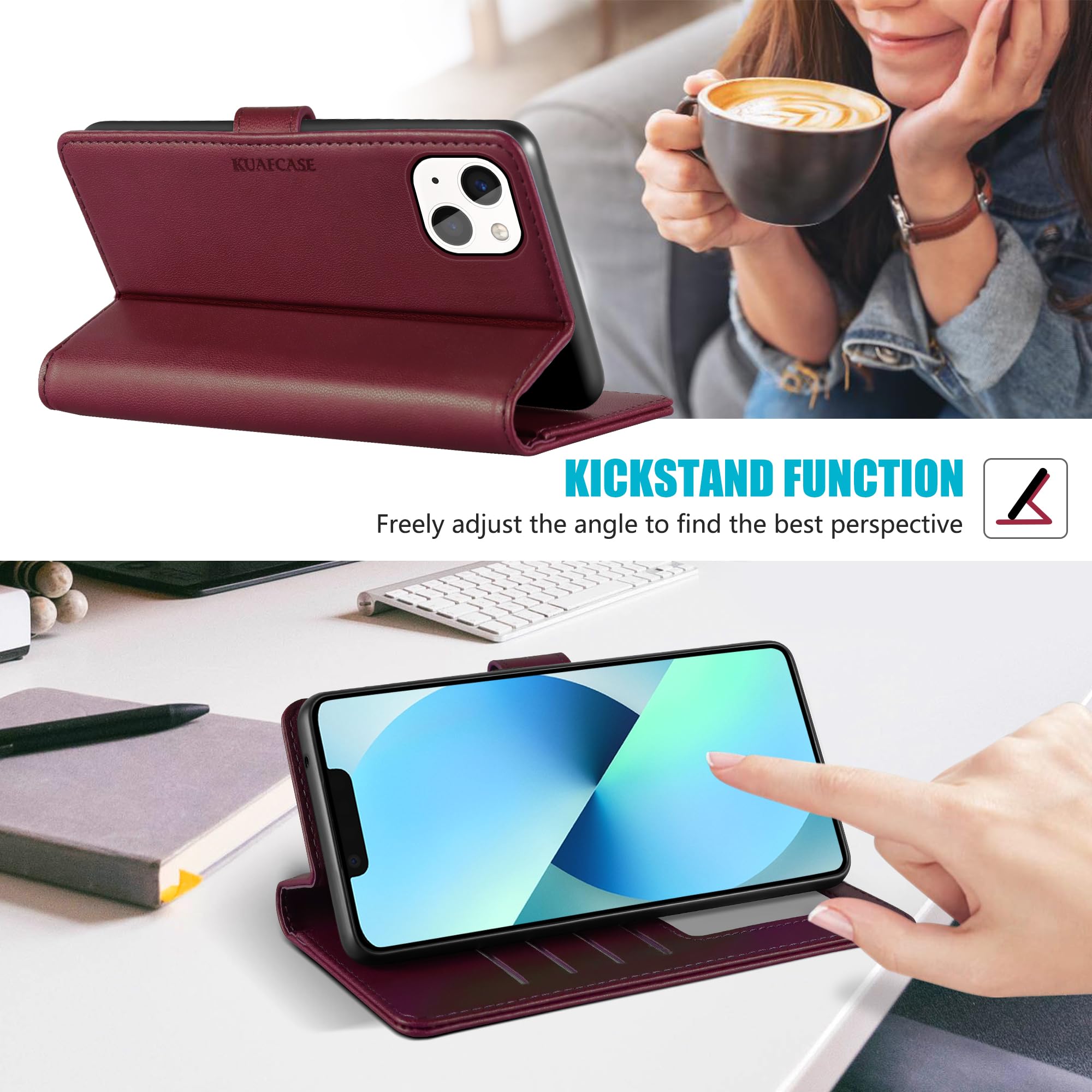 Kuafcase Compatible for iPhone 13 Mini Case with 4 Card Slots Magnetic Closure Kickstand Shockproof Protective Phone Case Compatible for iPhone 13 Mini - Image 3