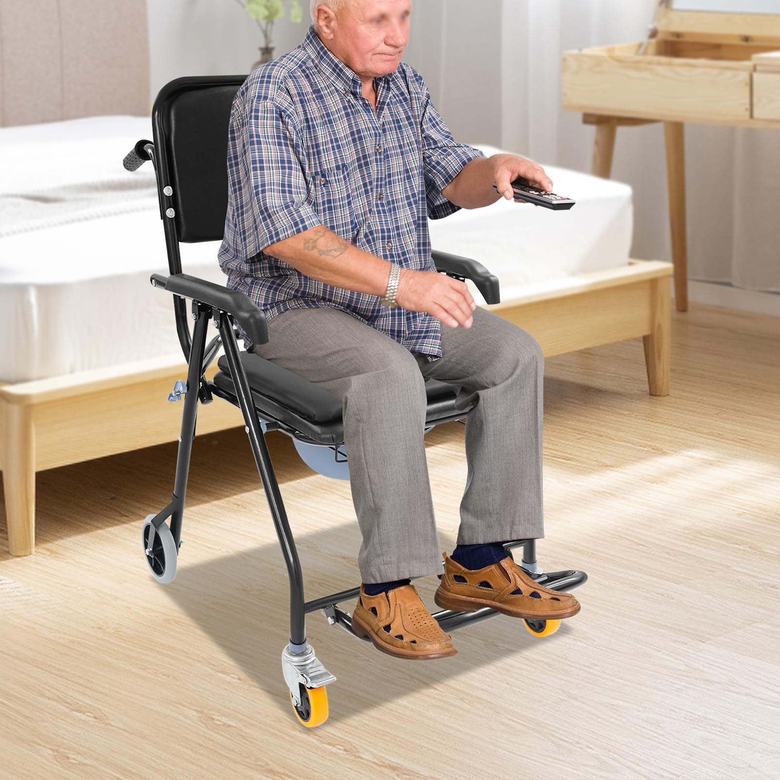 Silla de ducha plegable de acero negro con cubo y ruedas para personas mayores, cuidado en casa