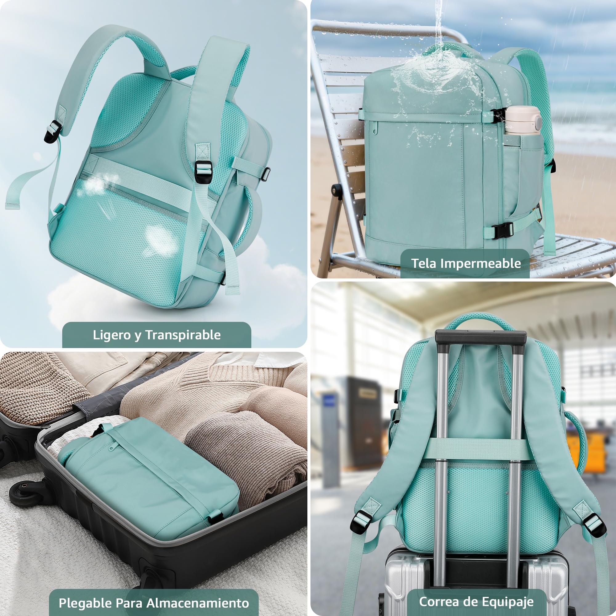 VSNOON Mochila Viaje Cabina Avion 40x30x20 Equipaje de Mano 40x30x20 para Vueling 25L Bolsa de Viaje Hombre Mujer Maletas de Viaje Cabina Mochila Portatil, Verde