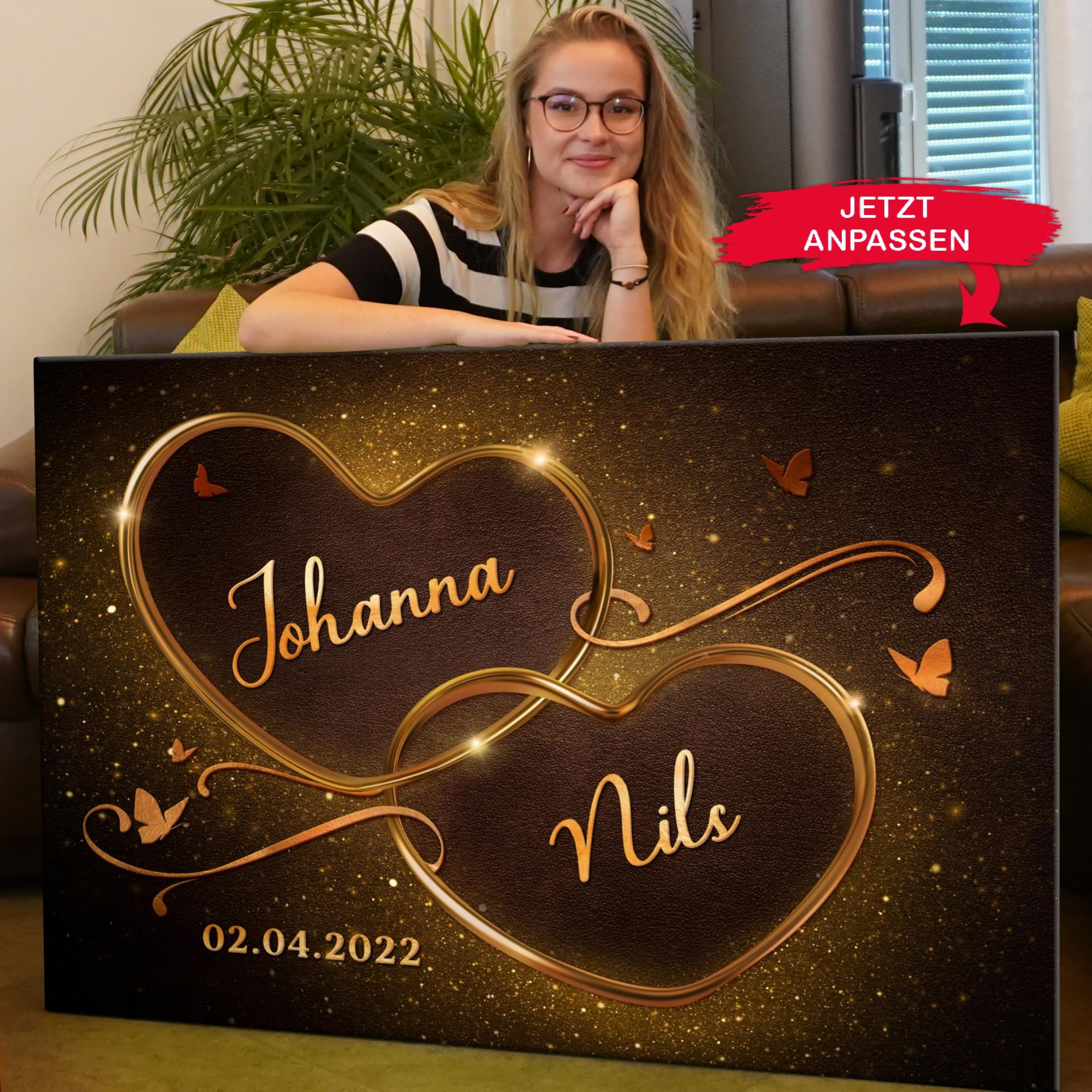 Liebesleinwand Personalisierte Geschenke | Leinwandbild Geschenk für sie und ihn zum Geburtstag, Hochzeitstag, Jahrestag gestalten | Funkelnde Herzen