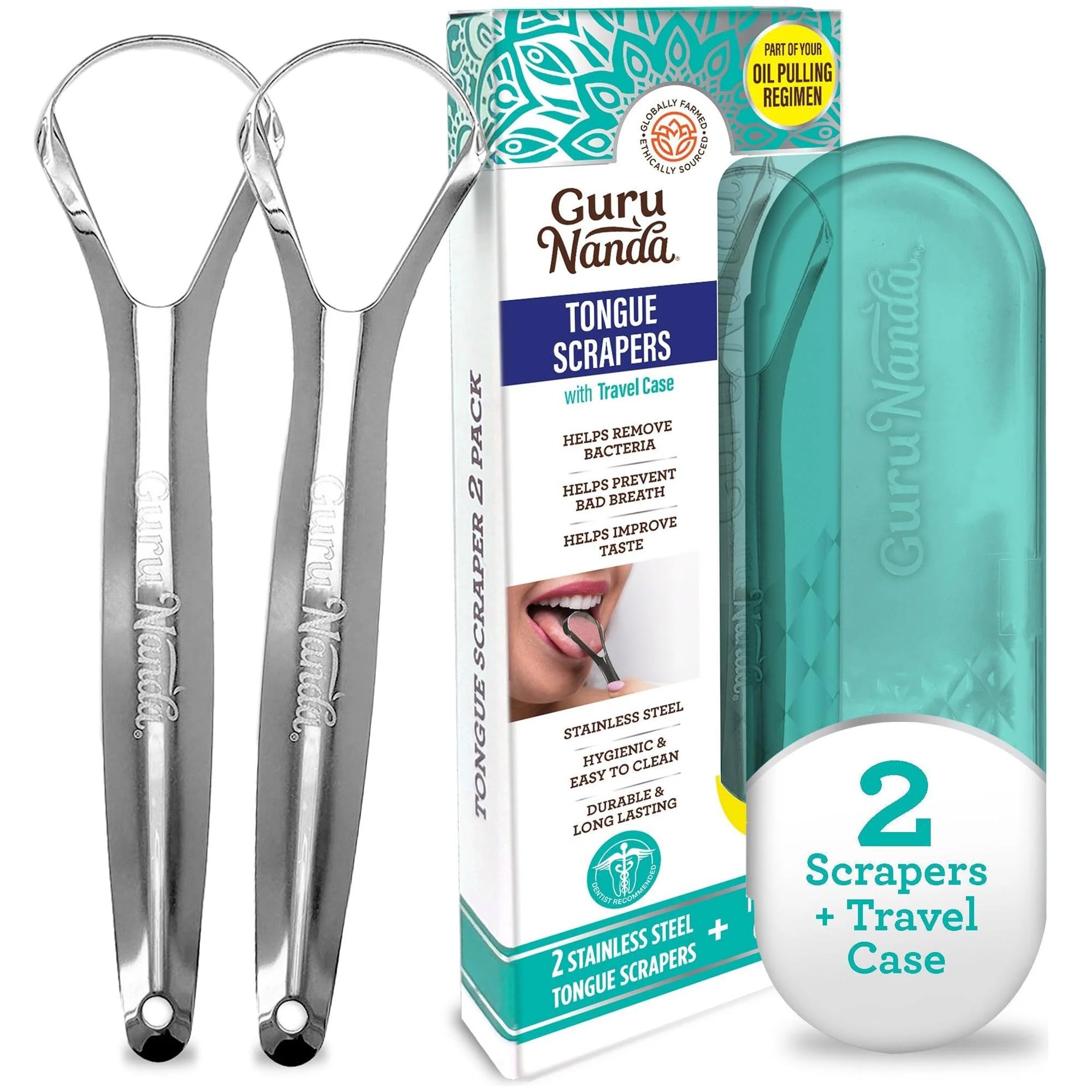 Stainless Steel Tone Scraper, Fights Bad Breath, 100% Stainless Steel, Great for Oral Hygiene, Tone Cleaner for Adults and Kids Silver 2 Count (Pack of 1)
