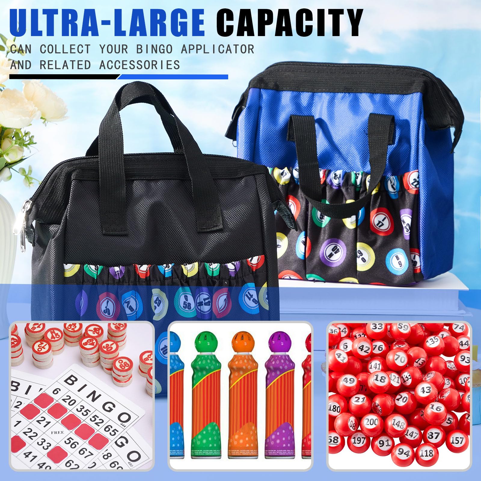 Sweetude Borsa da bingo Dauber con manico e cerniera, con 6 tasche esterne e 3 tasche interne, 2 pezzi, nero, blu., Large, Borsa casual