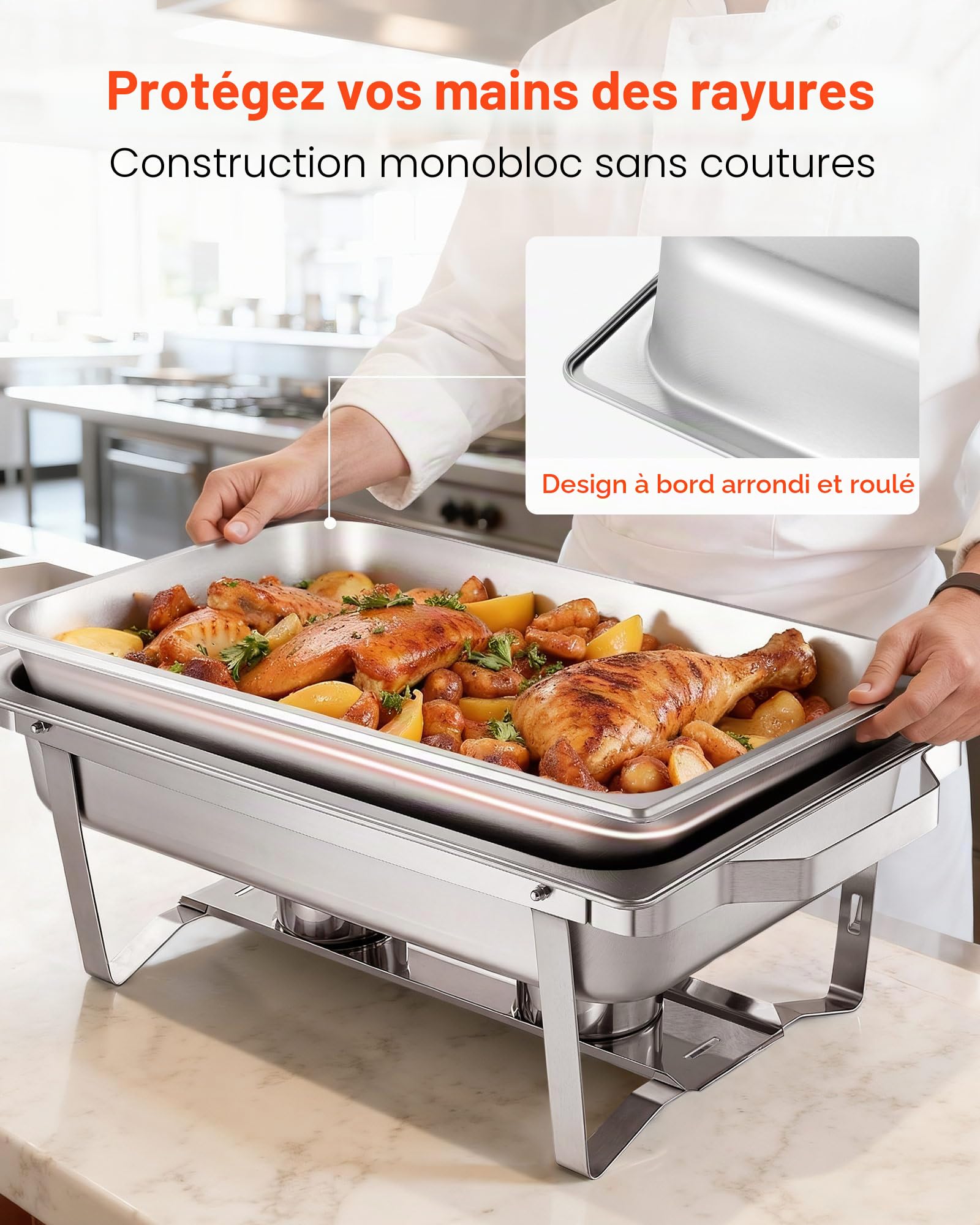 VEVOR Chauffe-Plat Rectangulaire 4PCs 8,6 L, Buffet Chauffant à Combustible en INOX, avec Couvercle, Poignée Creuse, 2 Pinces à Aliments et Porte-Combustible, Réchaud pour Banquet Fête Mariage