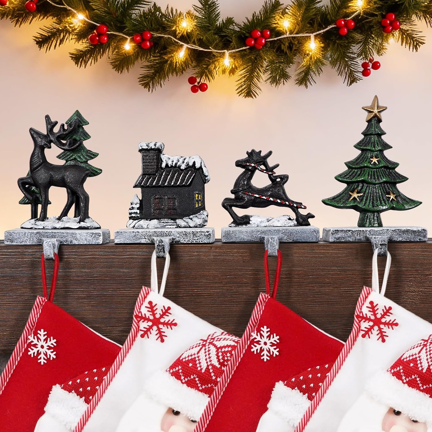 INNO STAGE Christmas Stocking Holders for Mantle Set of 4, Heavy Duty Cast lron Stocking Holder with Non-Slip Base, Reindeer Cottage Stocking Hooks, Stocking Hangers for Fireplace Shelf Table Decor