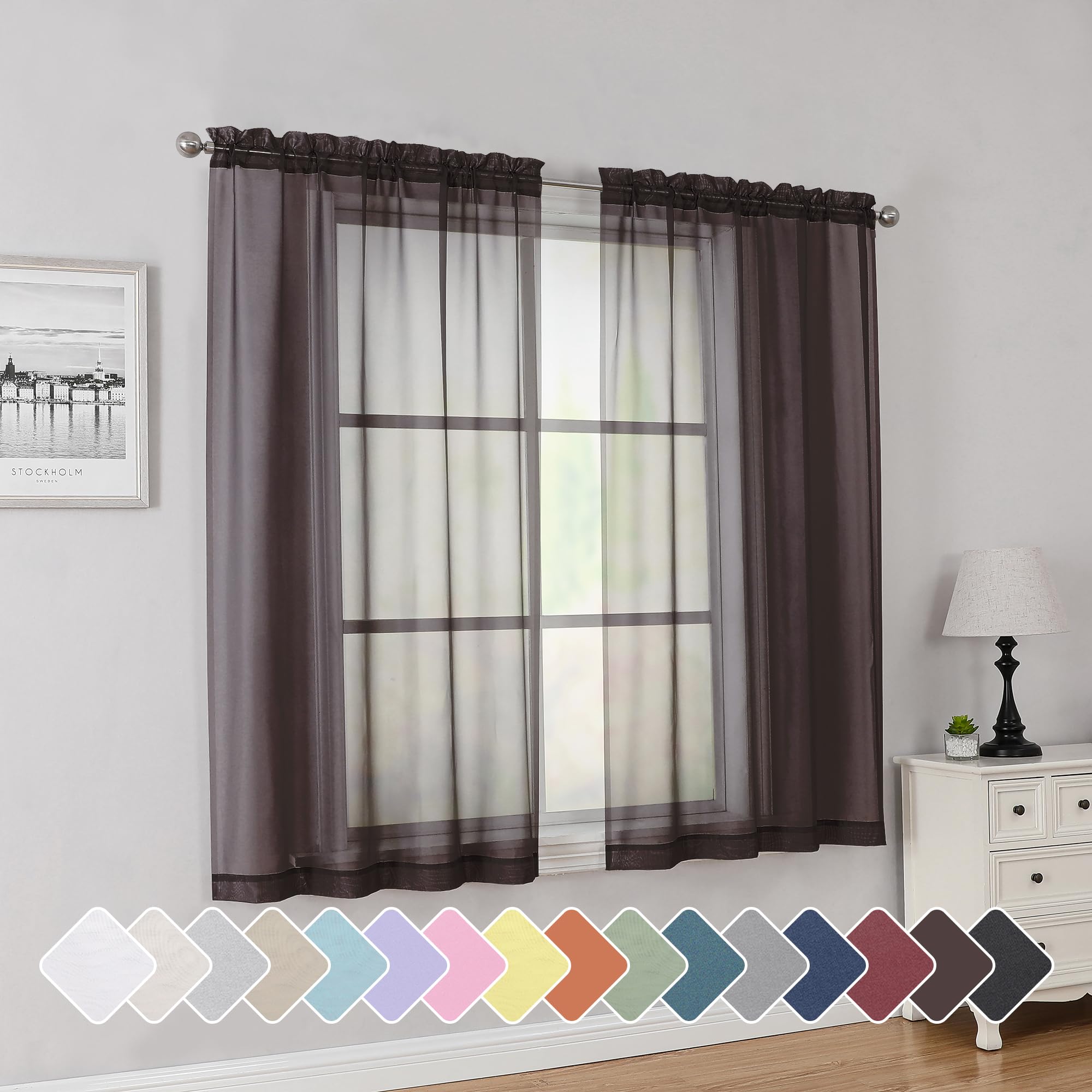 Simplebrand Chocolate Short Sheer Curtains 45 Inch Length 2 Panels